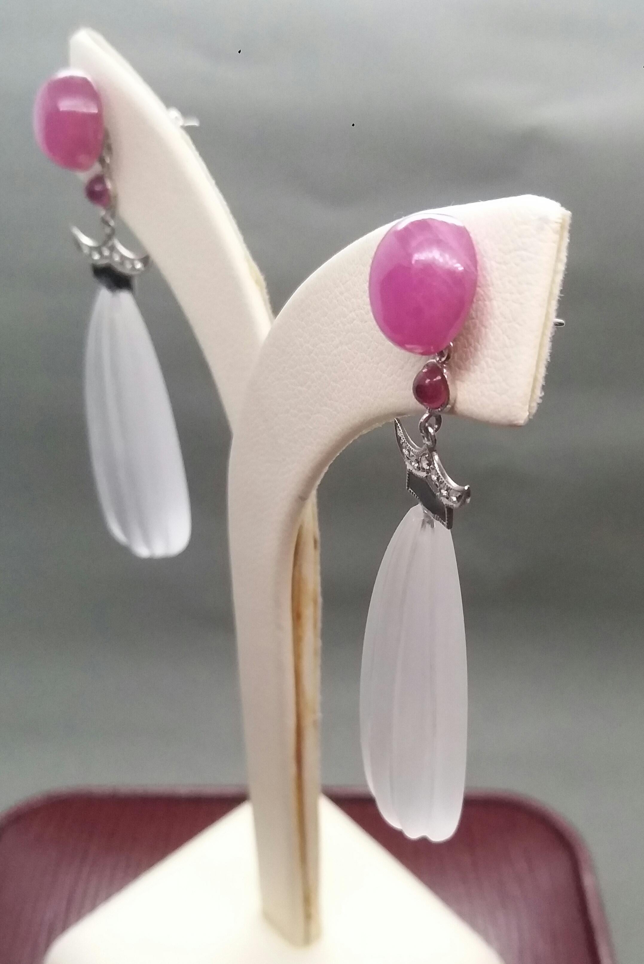 Women's Art Deco Style Engraved Rock Crystal Enamel Ruby Gold Diamonds Drop Earrings For Sale