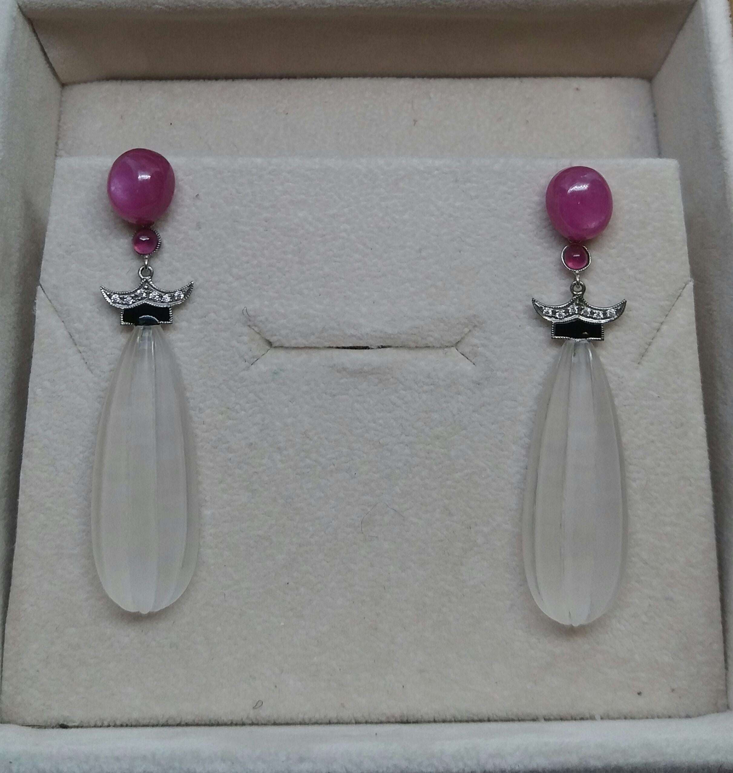 Art Deco Style Engraved Rock Crystal Enamel Ruby Gold Diamonds Drop Earrings For Sale 1