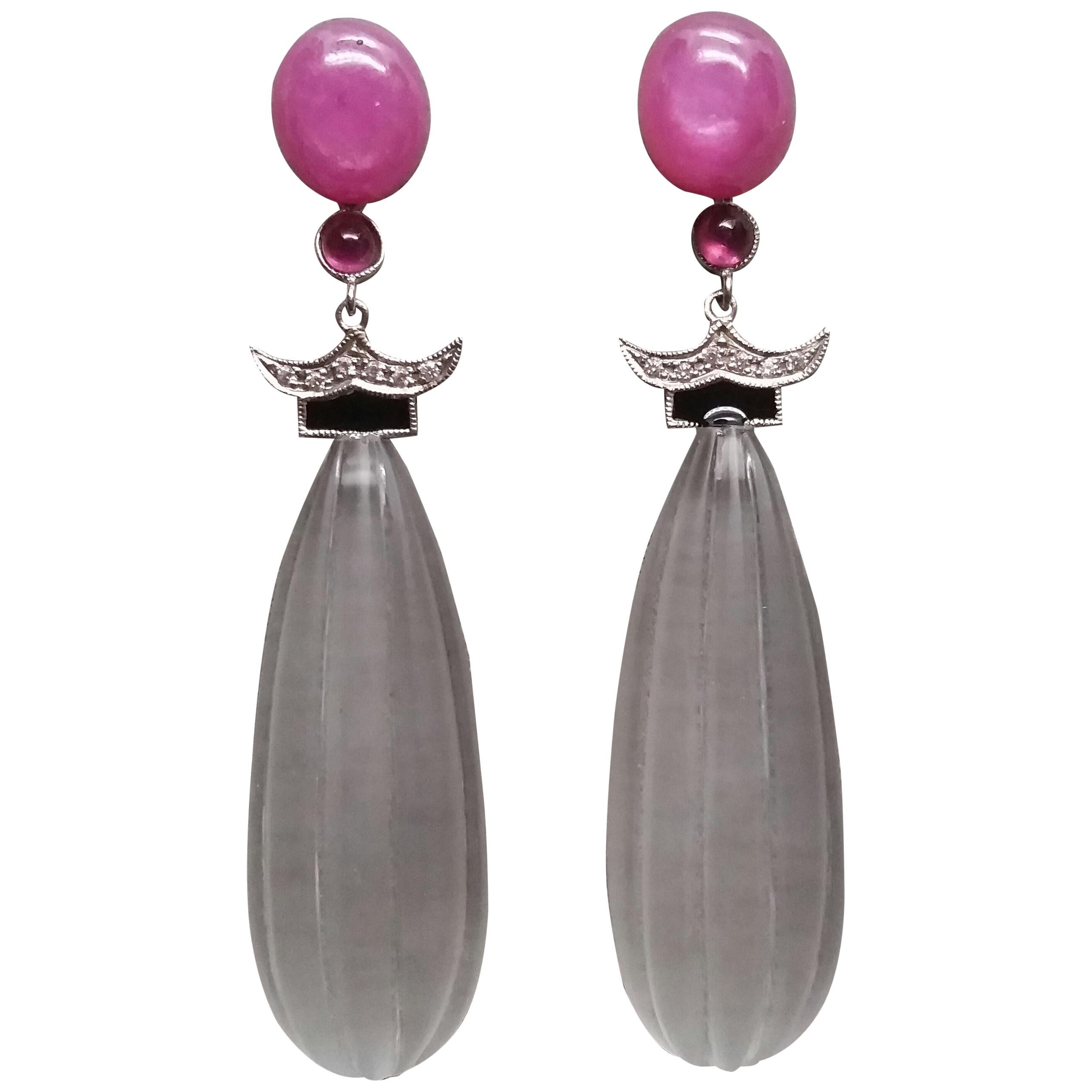 Art Deco Style Engraved Rock Crystal Enamel Ruby Gold Diamonds Drop Earrings