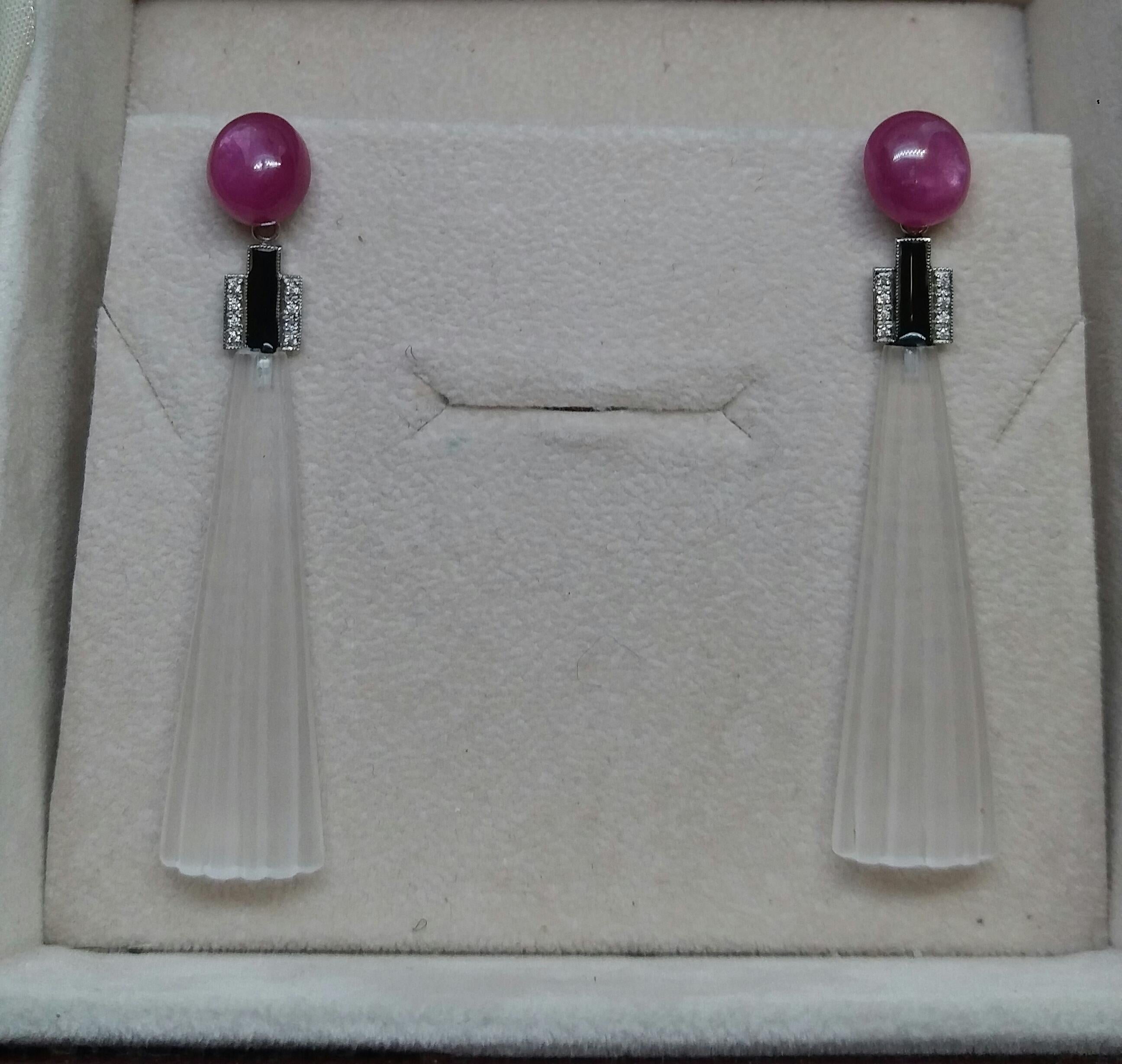 Art Deco Style Engraved Rock Crystal Enamel Ruby Gold Diamonds Trapeze Earrings For Sale 6