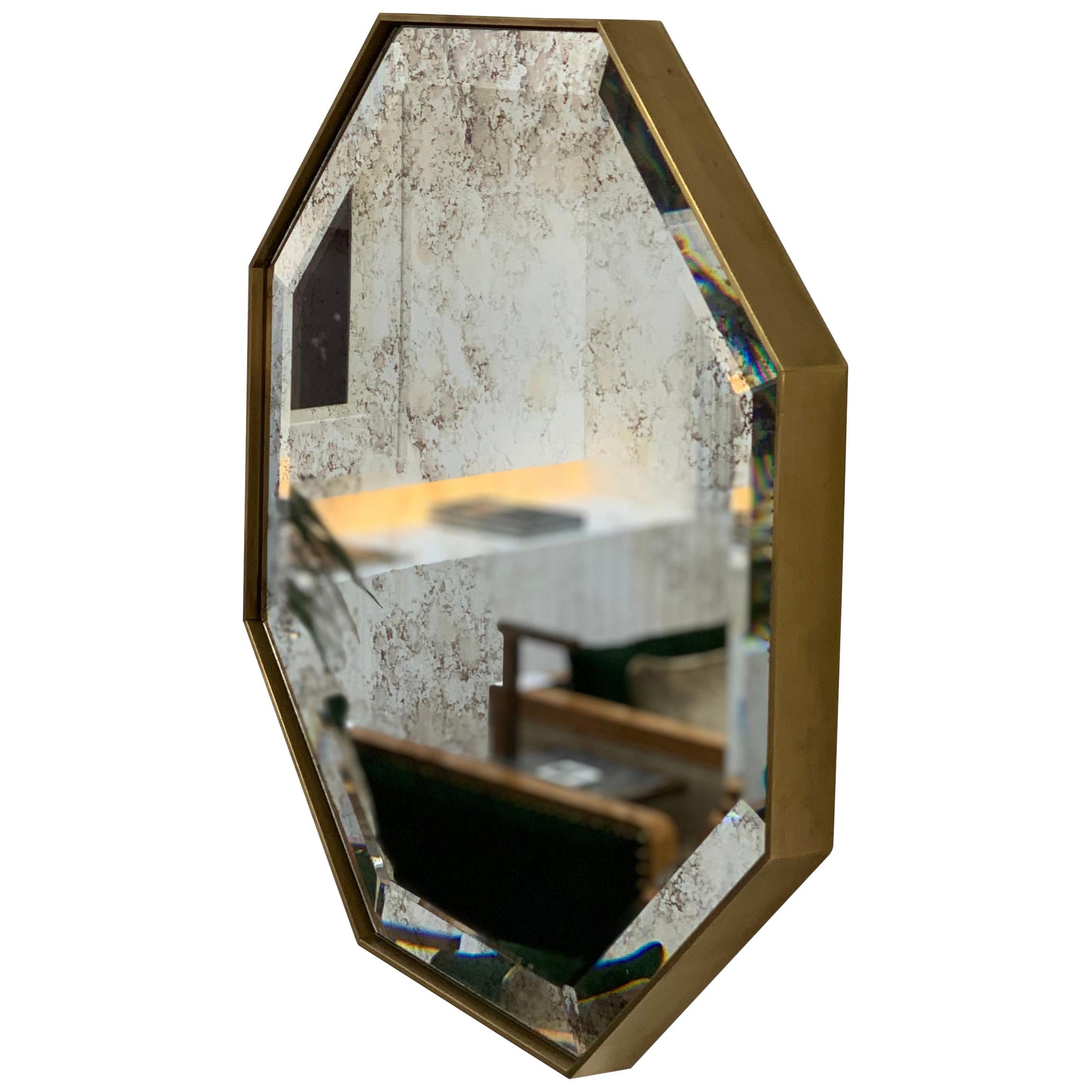 Art Deco Style Eros Octagonal Brass Mirror Antique Mirror and Bevel Detail