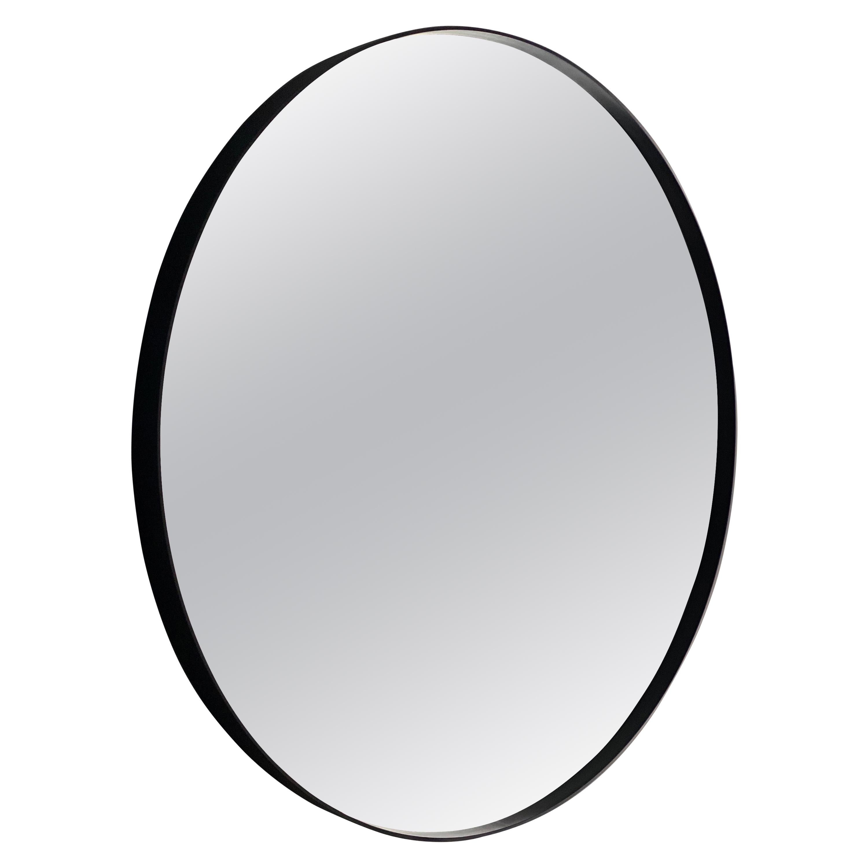 Maßgefertigter runder Eros-Spiegelspiegel, schwarz, mit abgeschrägten Details, Klarglas im Angebot
