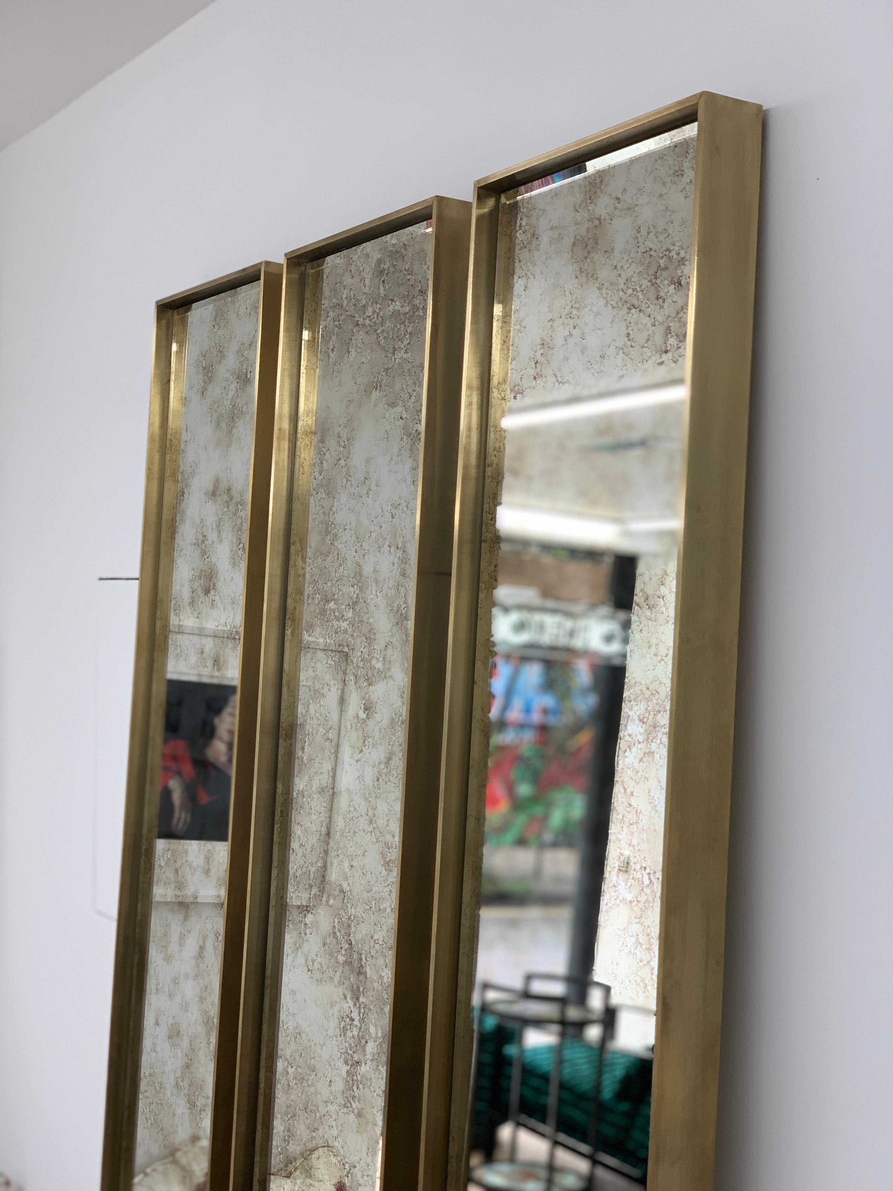 Custom Made Art Deco Style Eros Slim Brass plated Mirror with Antique Mirror For Sale 6
