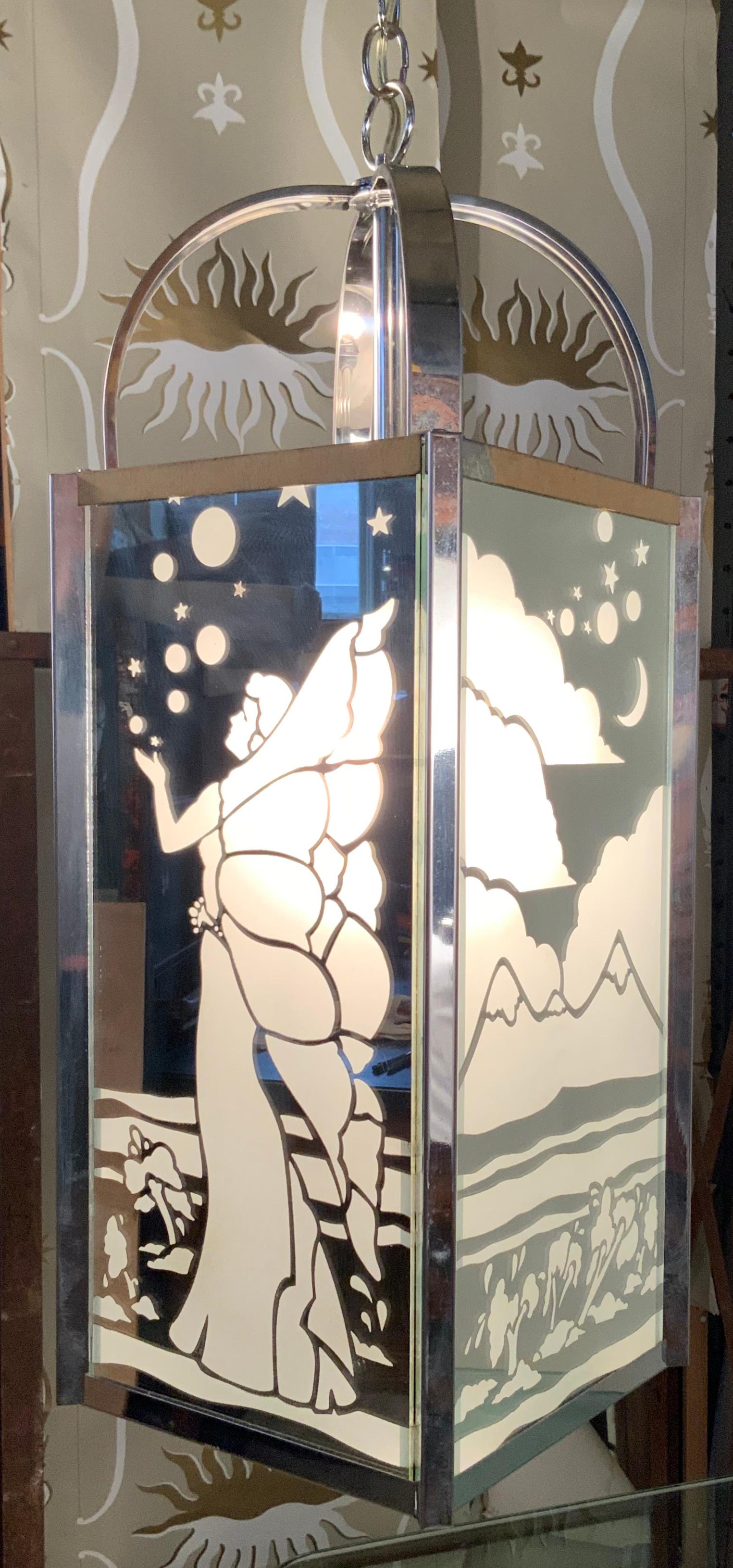 Art Deco Style Etched Mirror and Chrome Chandelier by Fredrick Raymond In Good Condition In Hudson, NY