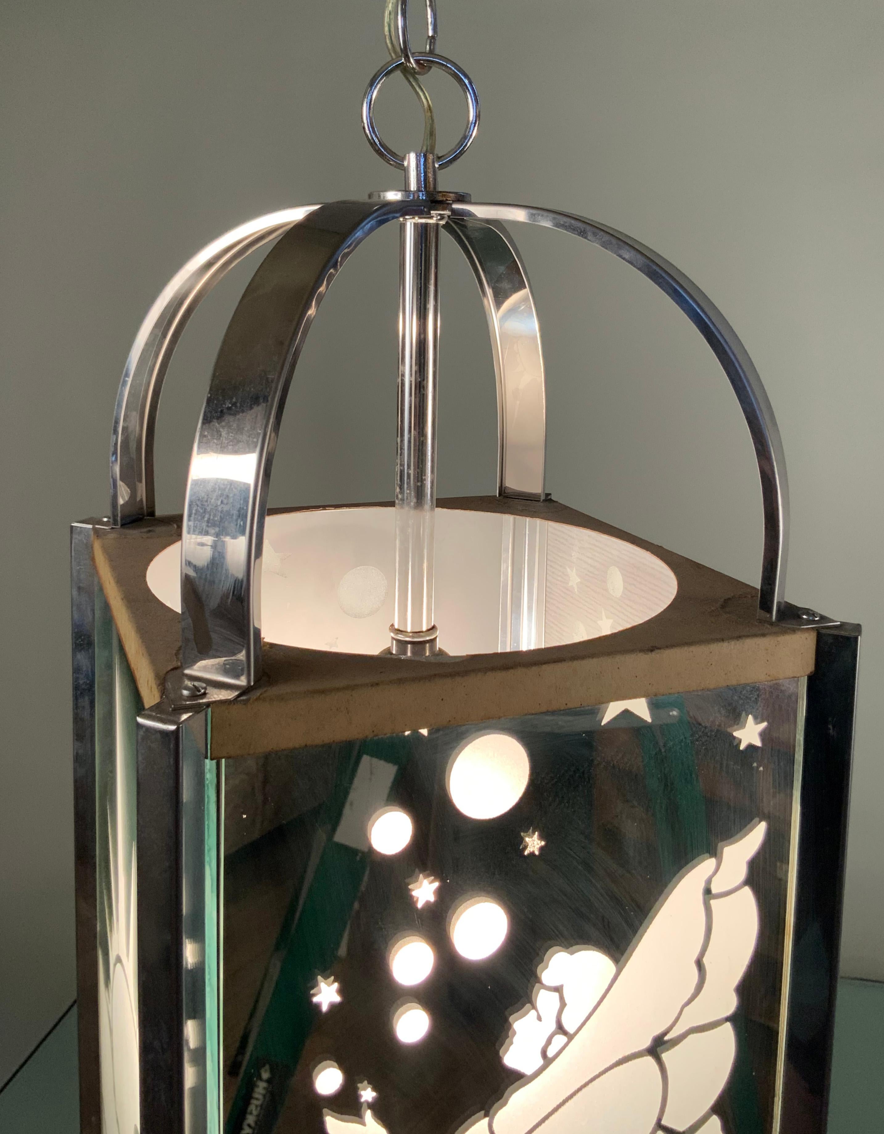 Art Deco Style Etched Mirror and Chrome Chandelier by Fredrick Raymond 1