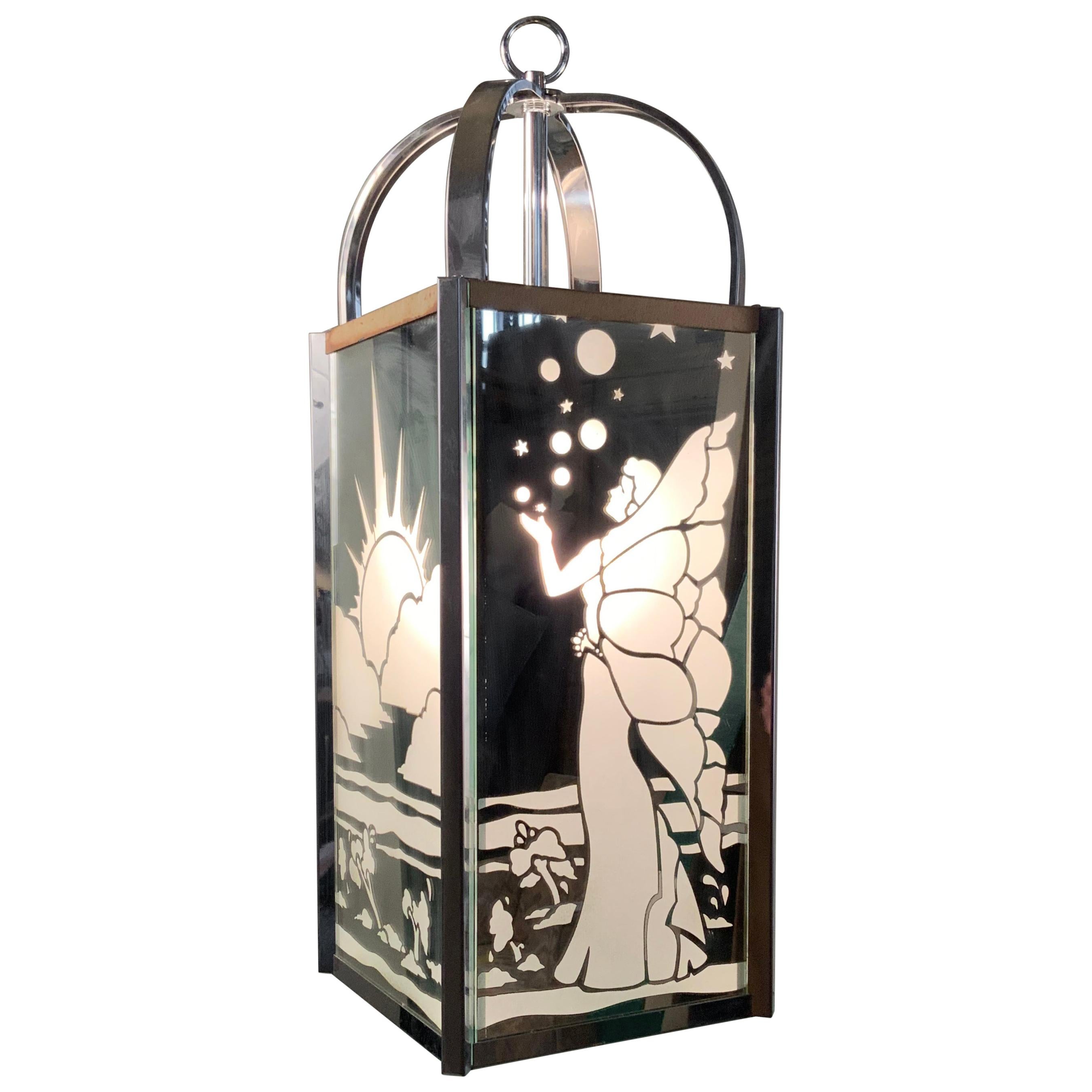 Art Deco Style Etched Mirror and Chrome Chandelier by Fredrick Raymond