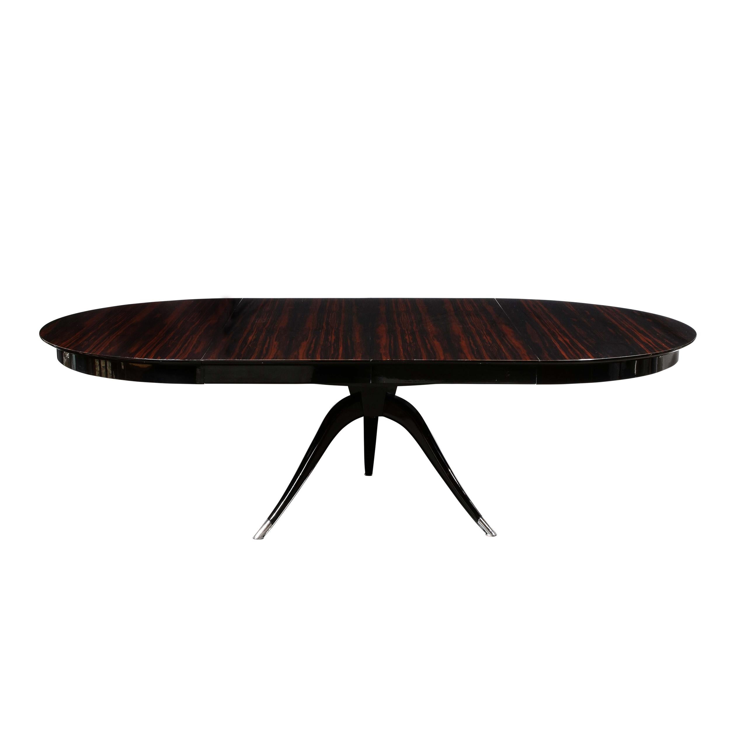 French Art Deco Style Extendable Round Dining Table in Macassar Ebony w/ Tapered Legs