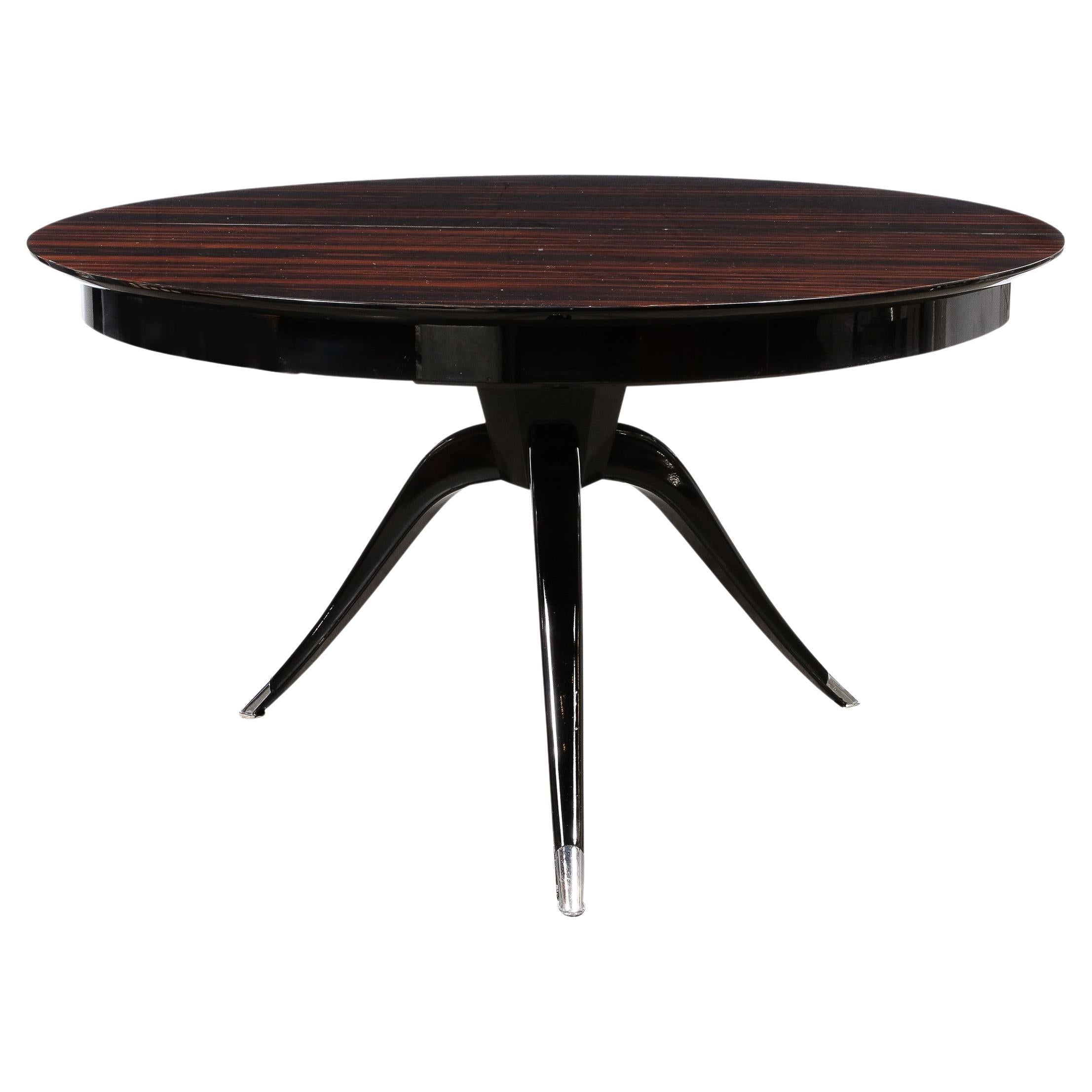 Art Deco Style Extendable Round Dining Table in Macassar Ebony w/ Tapered Legs