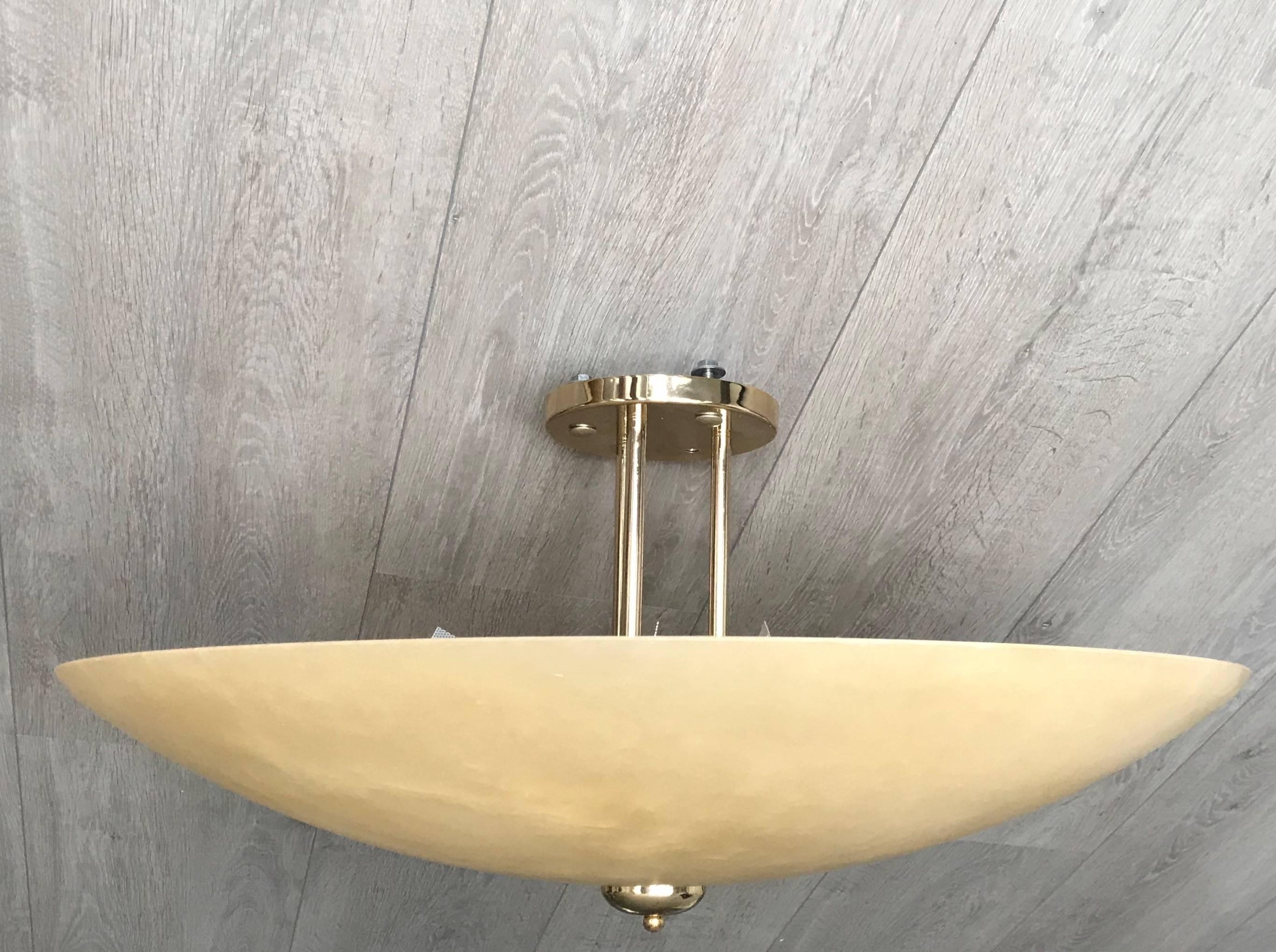 Brass Art Deco Style Extra Large and Great Shape Alabaster Pendant or Flush Mount