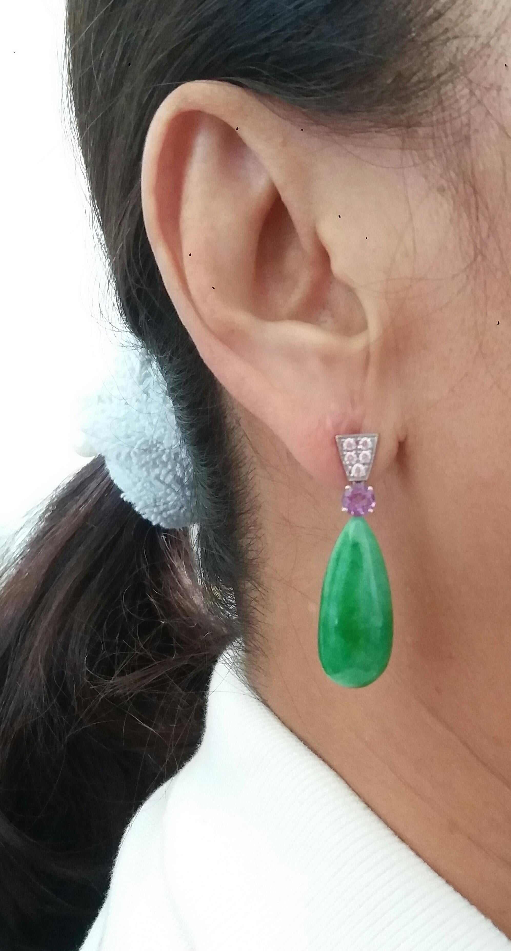 Art Deco Style Faceted Amethyst Diamonds 14 Kt White Gold Jade Drops Earrings For Sale 5