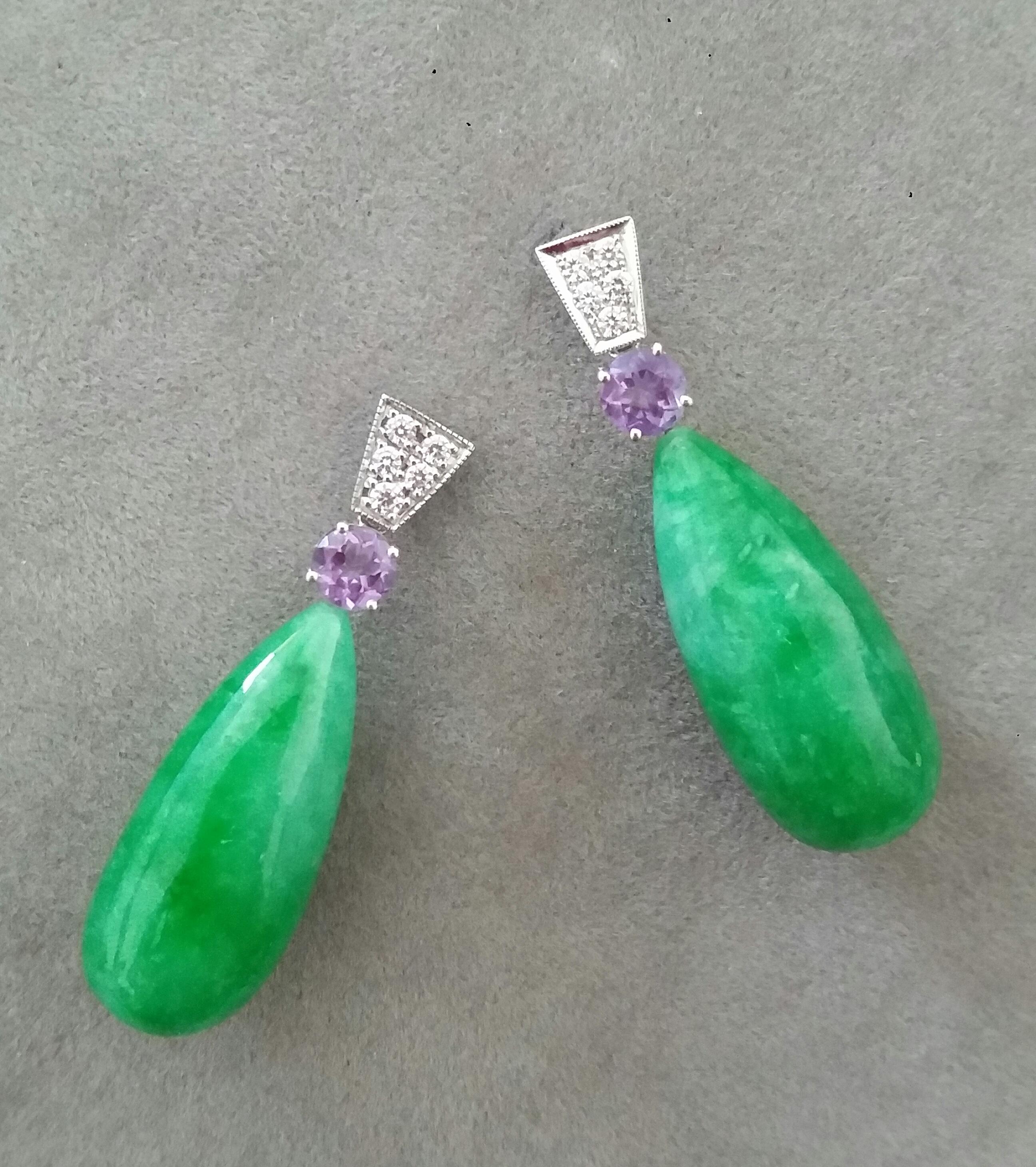 Pear Cut Art Deco Style Faceted Amethyst Diamonds 14 Kt White Gold Jade Drops Earrings For Sale