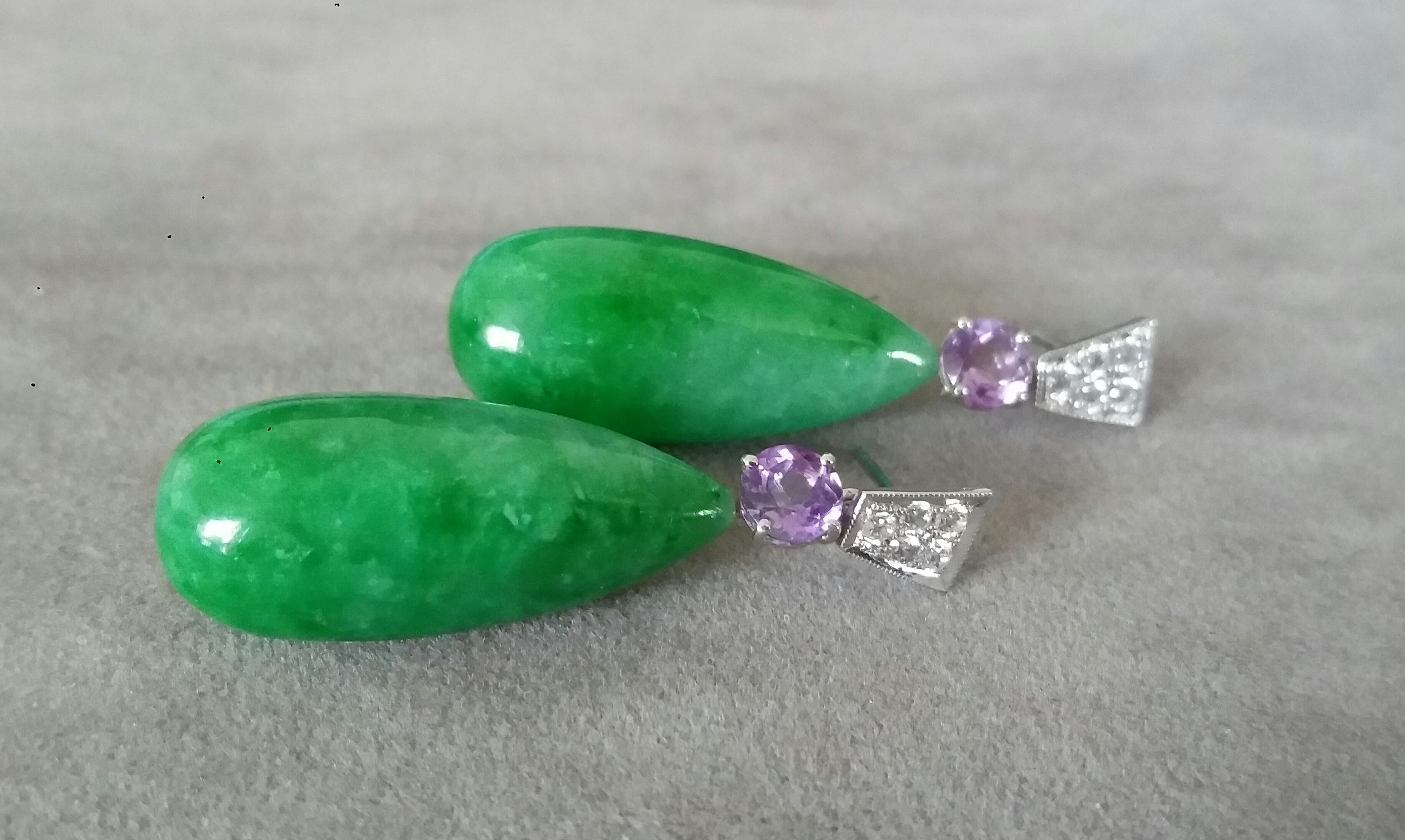 Art Deco Style Faceted Amethyst Diamonds 14 Kt White Gold Jade Drops Earrings In Good Condition For Sale In Bangkok, TH