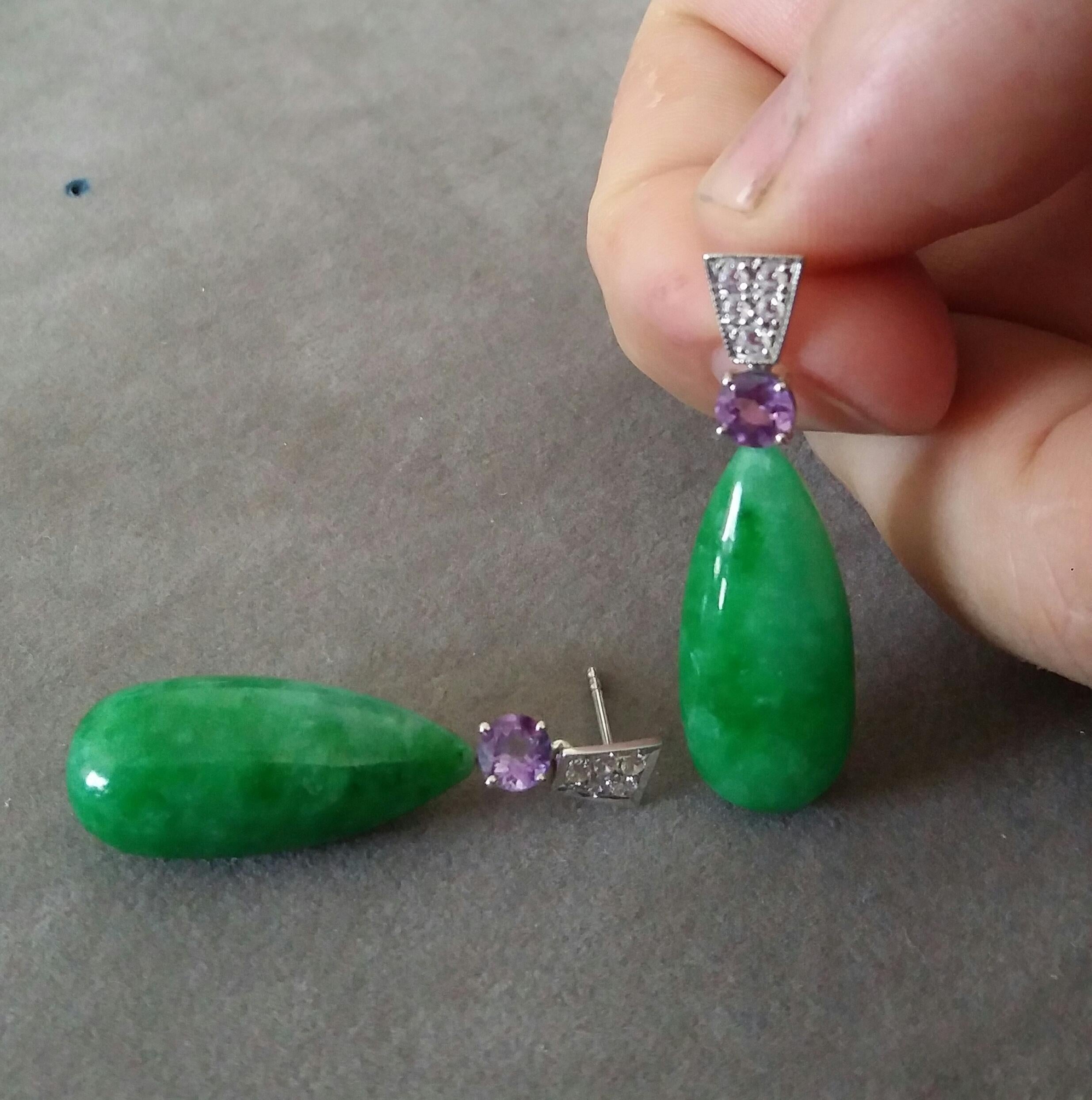 Women's Art Deco Style Faceted Amethyst Diamonds 14 Kt White Gold Jade Drops Earrings For Sale
