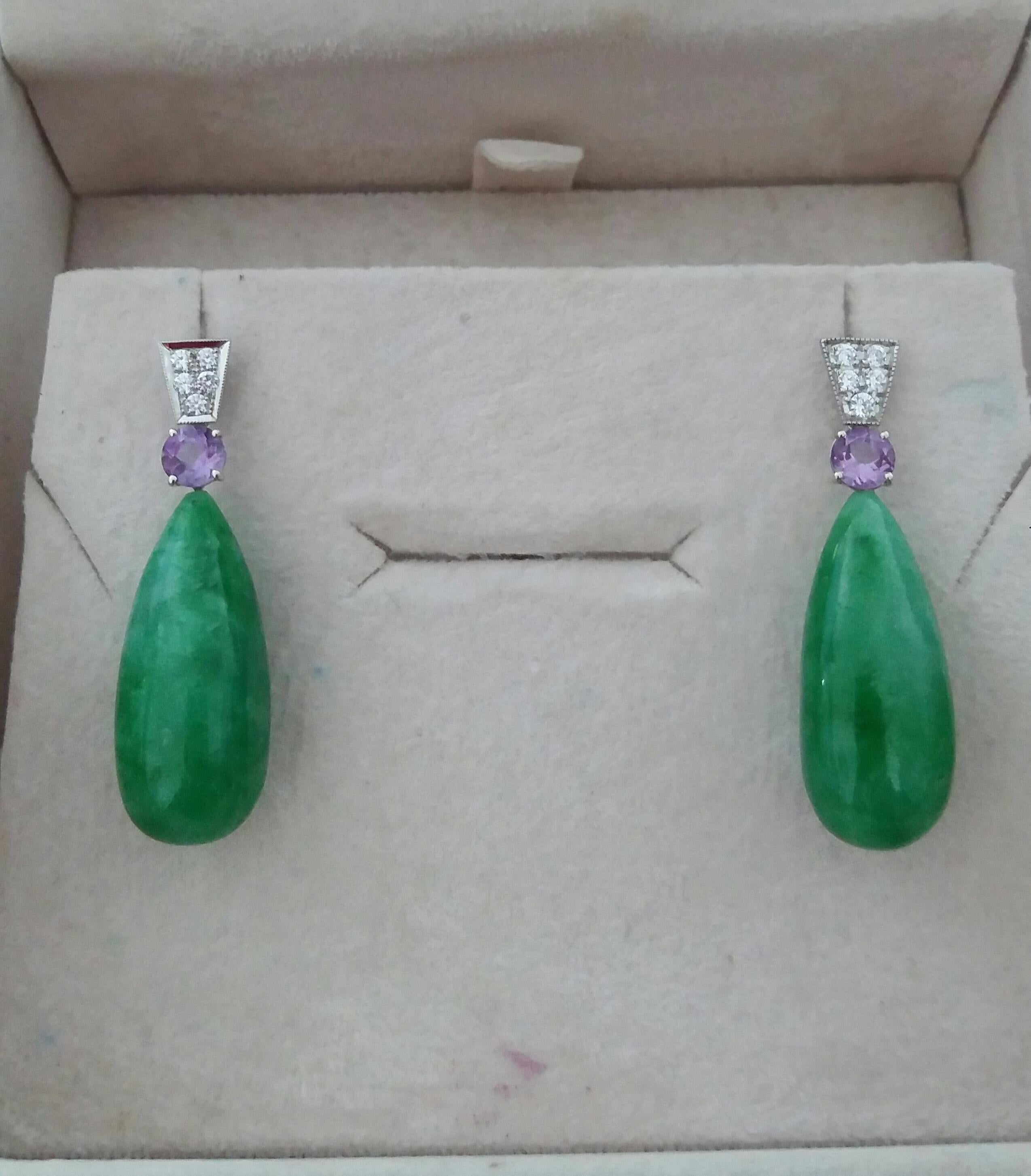 Art Deco Style Faceted Amethyst Diamonds 14 Kt White Gold Jade Drops Earrings For Sale 1
