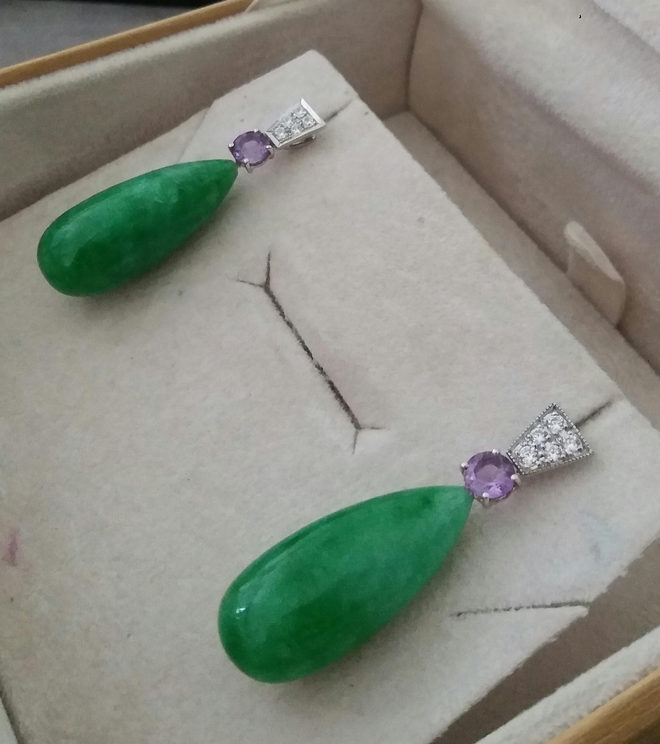 Art Deco Style Faceted Amethyst Diamonds 14 Kt White Gold Jade Drops Earrings For Sale 2