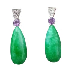 Art Deco Style Faceted Amethyst Diamonds 14 Kt White Gold Jade Drops Earrings