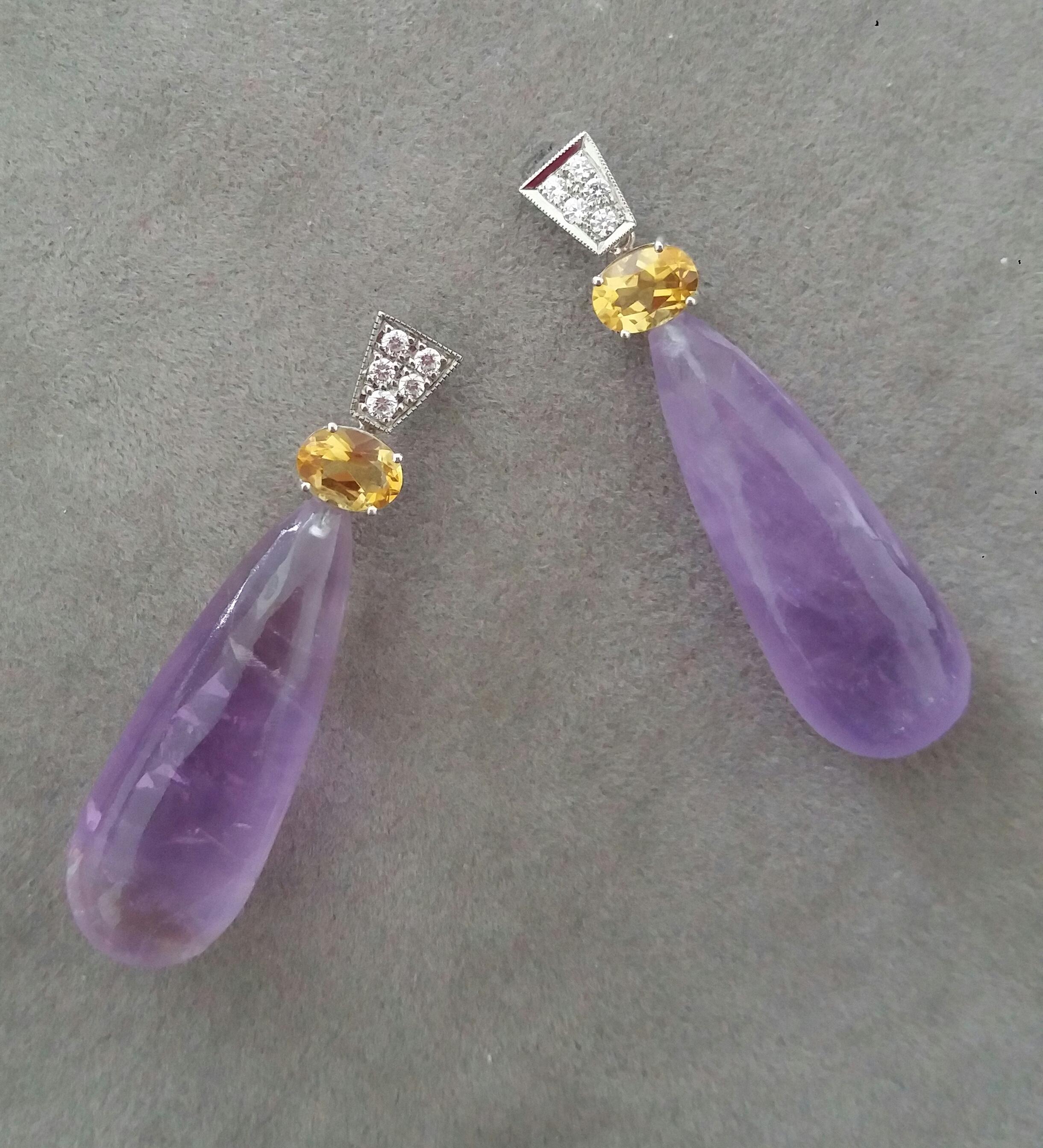 Pear Cut Art Deco Style Faceted Citrine Diamonds 14 Kt White Gold Amethyst Drops Earrings For Sale