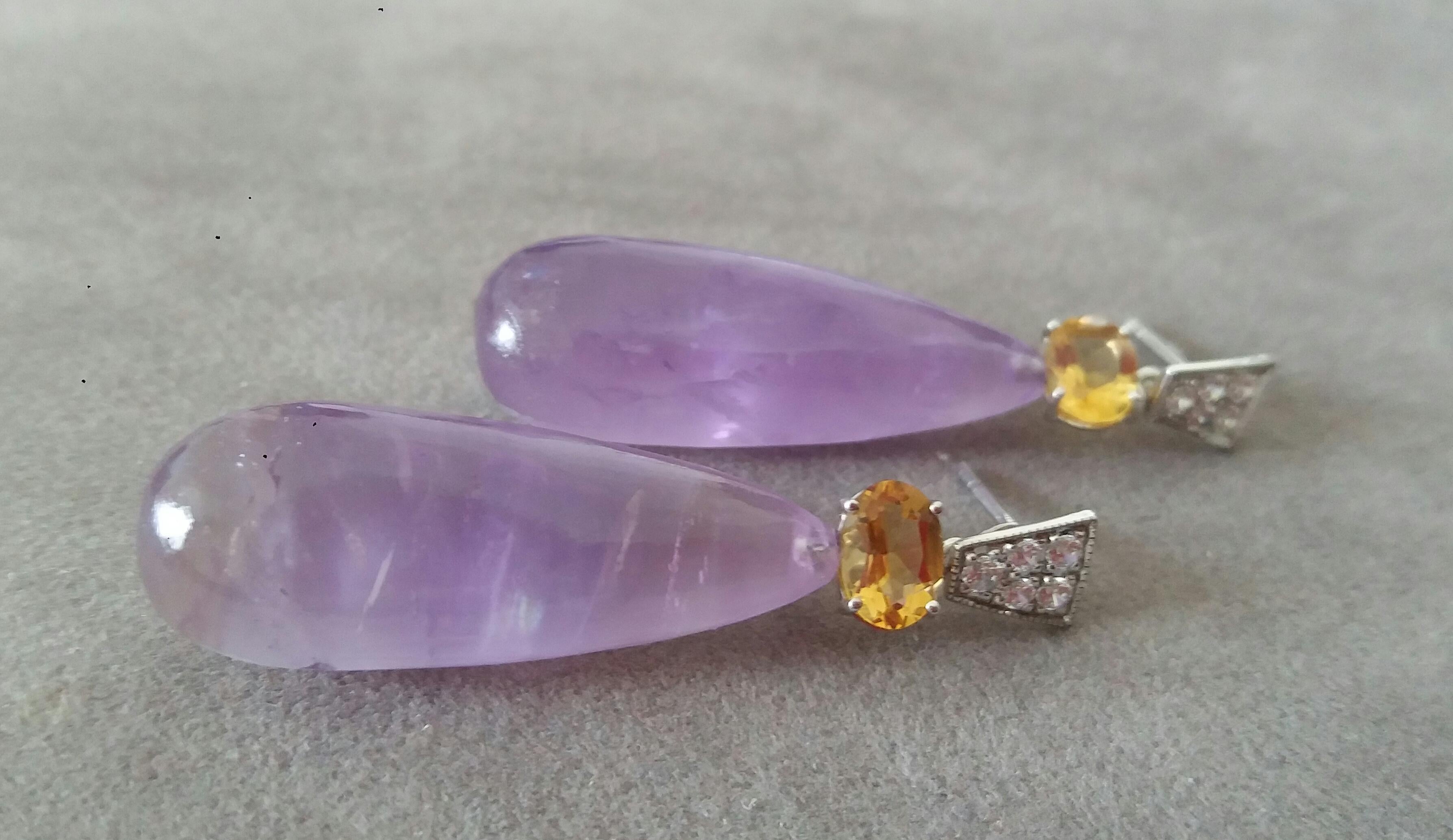 Art Deco Style Faceted Citrine Diamonds 14 Kt White Gold Amethyst Drops Earrings In Good Condition For Sale In Bangkok, TH