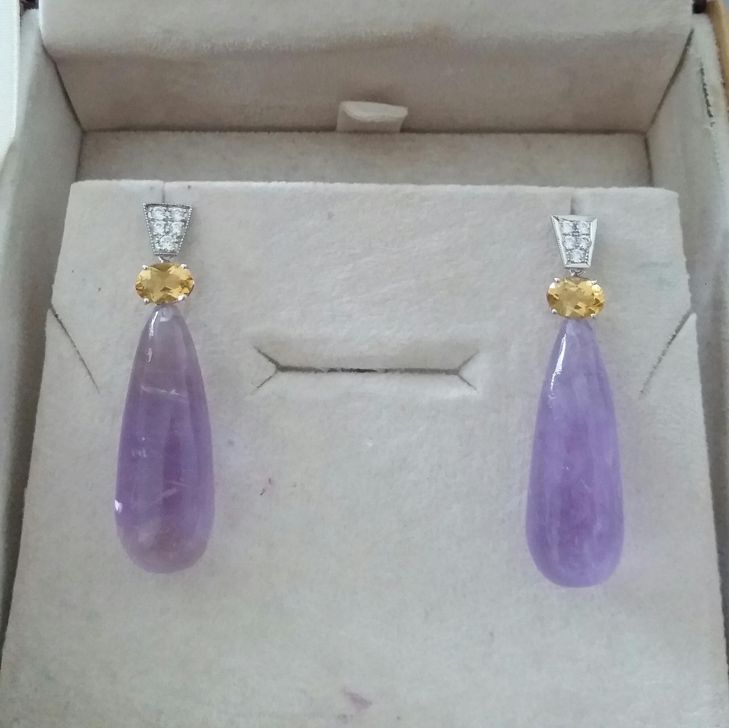 Art Deco Style Faceted Citrine Diamonds 14 Kt White Gold Amethyst Drops Earrings For Sale 1