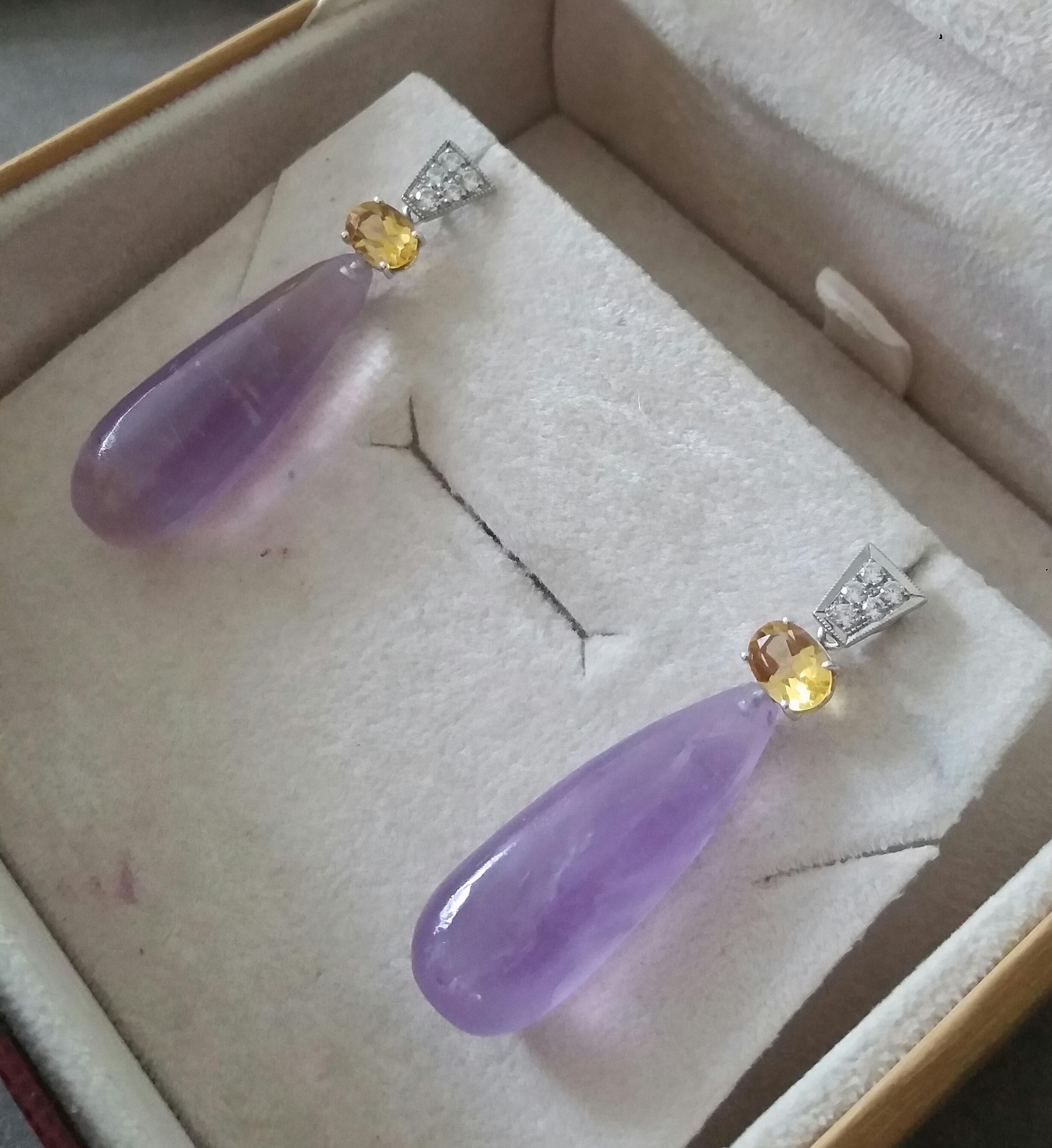 Art Deco Style Faceted Citrine Diamonds 14 Kt White Gold Amethyst Drops Earrings For Sale 2