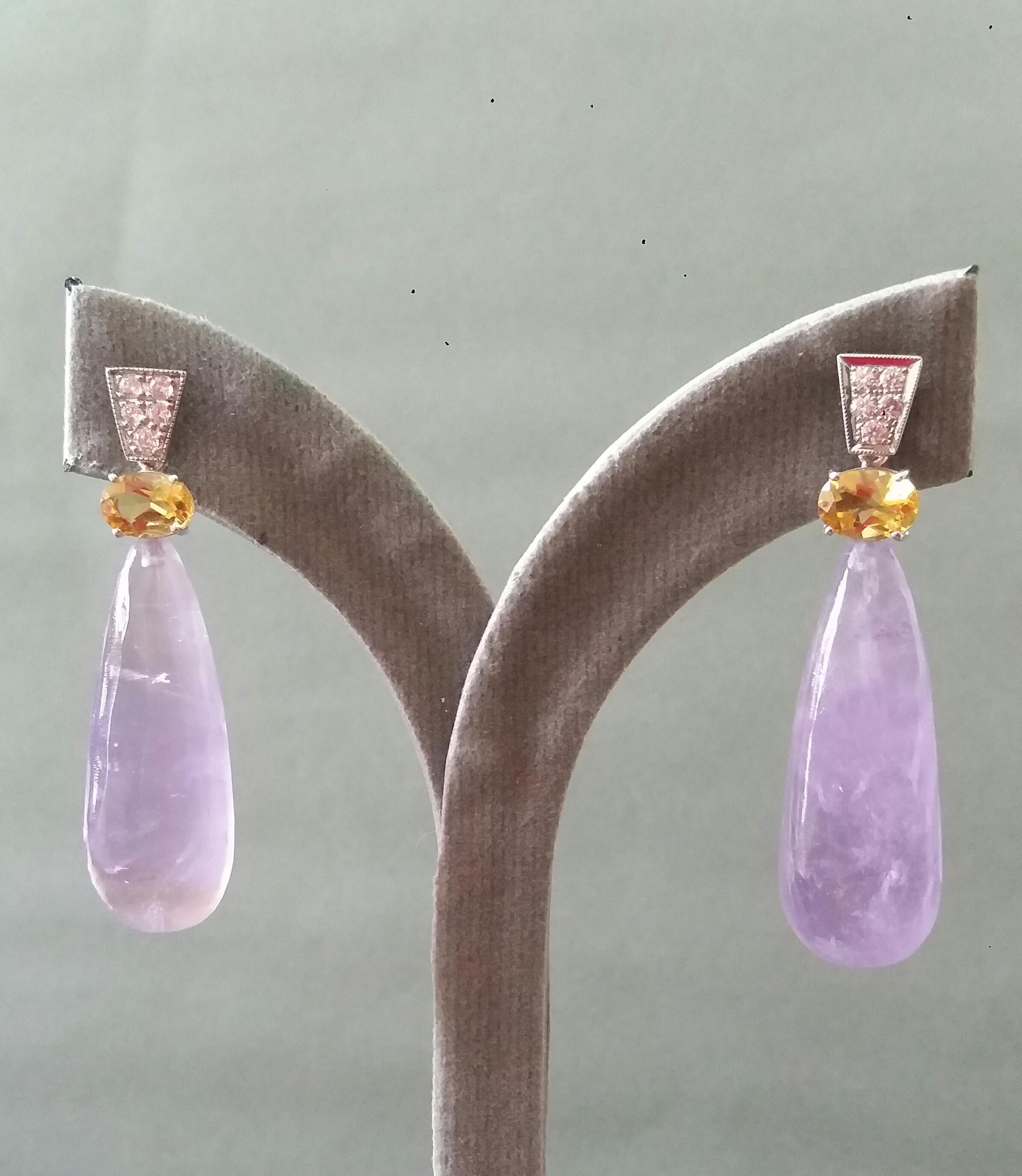 Art Deco Style Faceted Citrine Diamonds 14 Kt White Gold Amethyst Drops Earrings For Sale 3