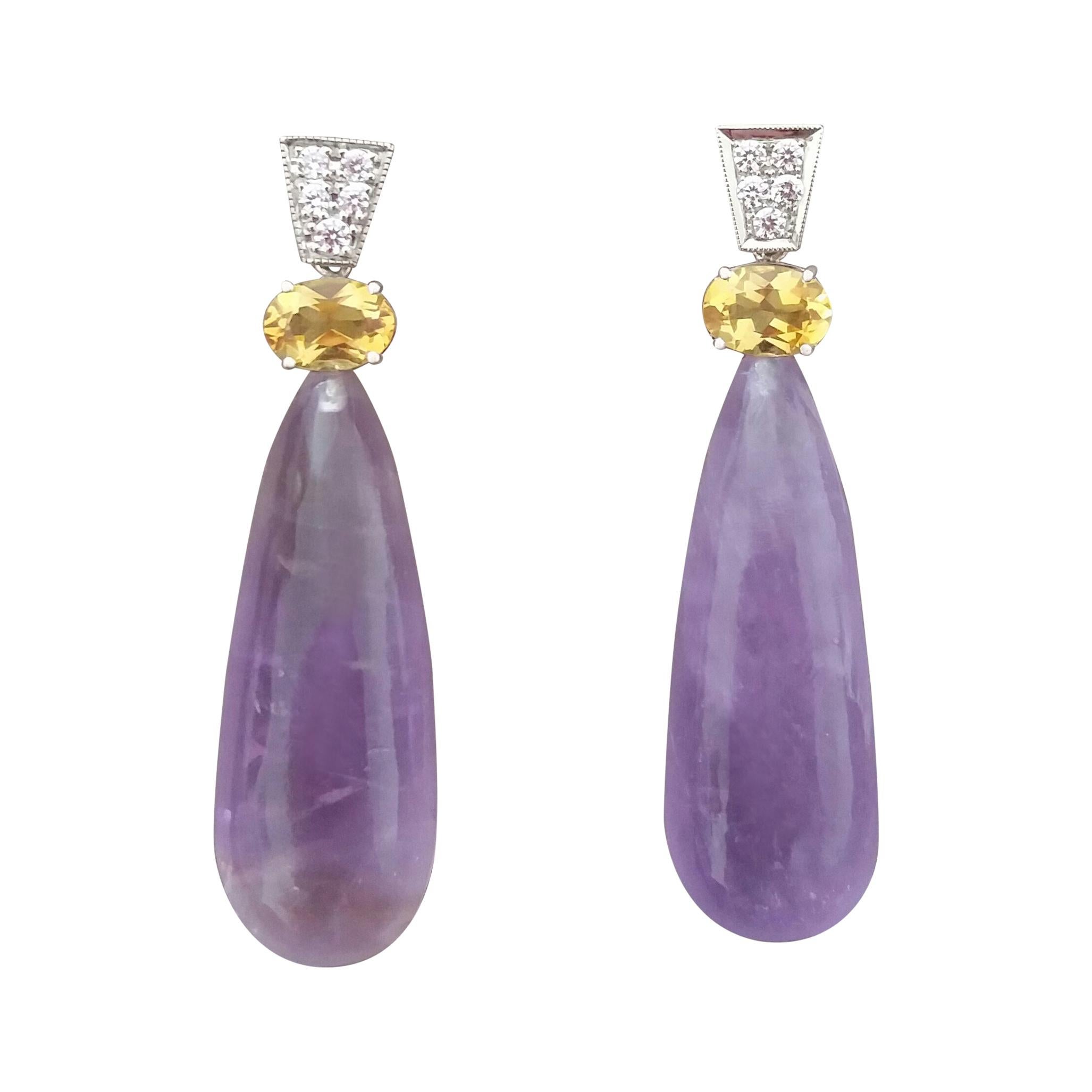 Art Deco Style Faceted Citrine Diamonds 14 Kt White Gold Amethyst Drops Earrings For Sale