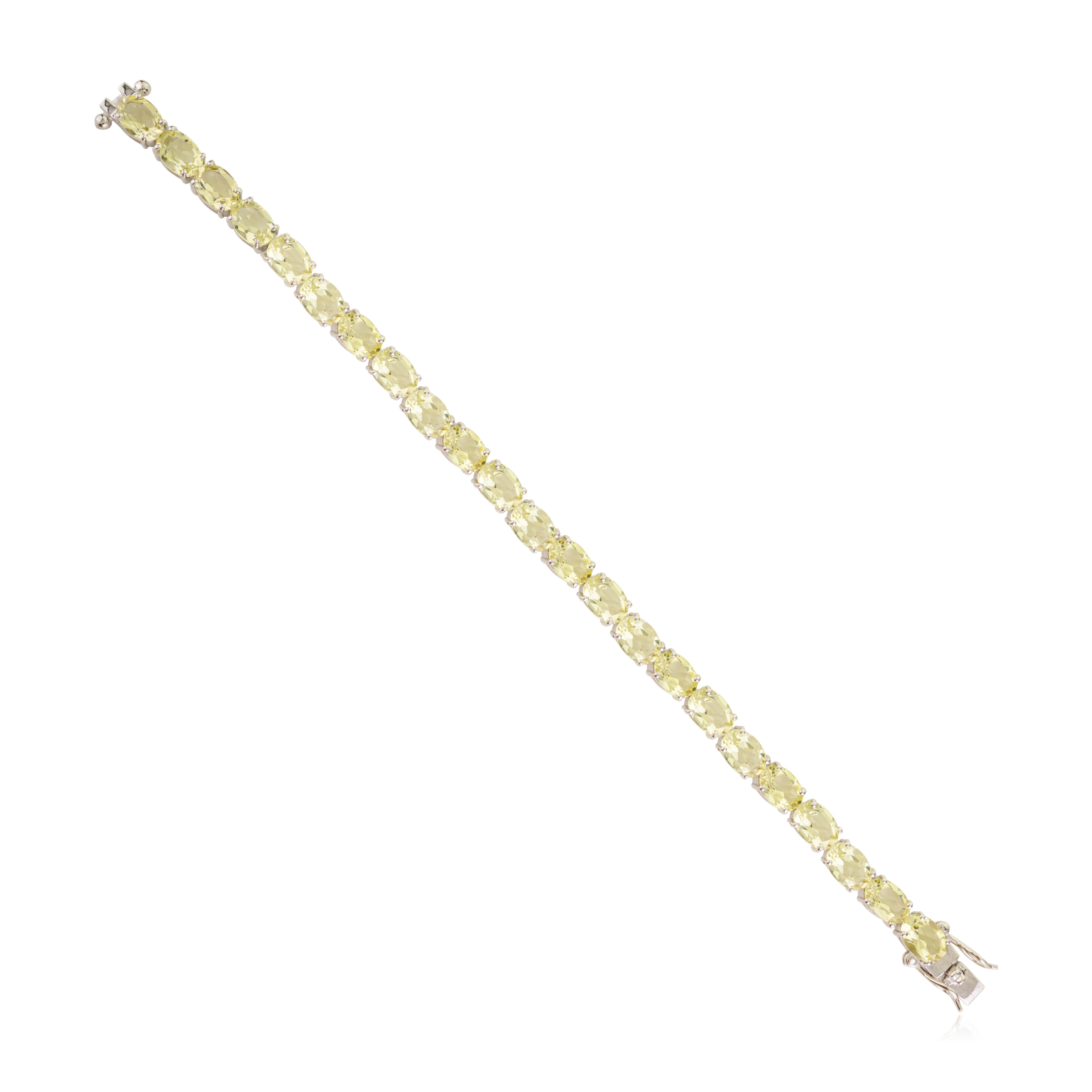 Contemporary Art Deco Style Faceted Oval Cut Lemon Quartz Tennis Bracelet in 925 Silver For Sale