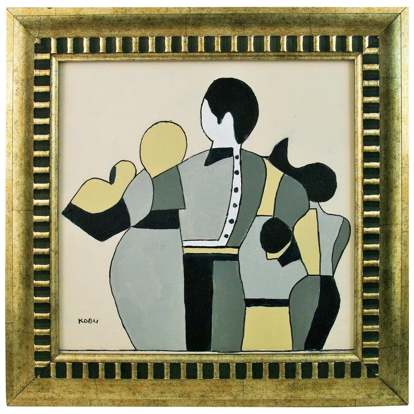 Modern Art Deco Style Family Acrylic  Painting 1980