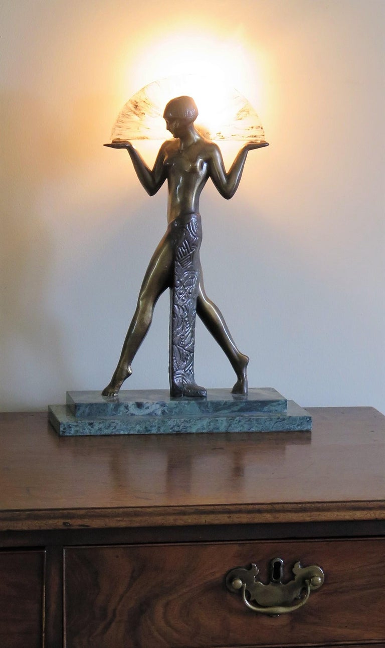Art Deco Style Fan Dancer Figurine Lamp after Max Le Verrier, Mid-20th Century For Sale 14