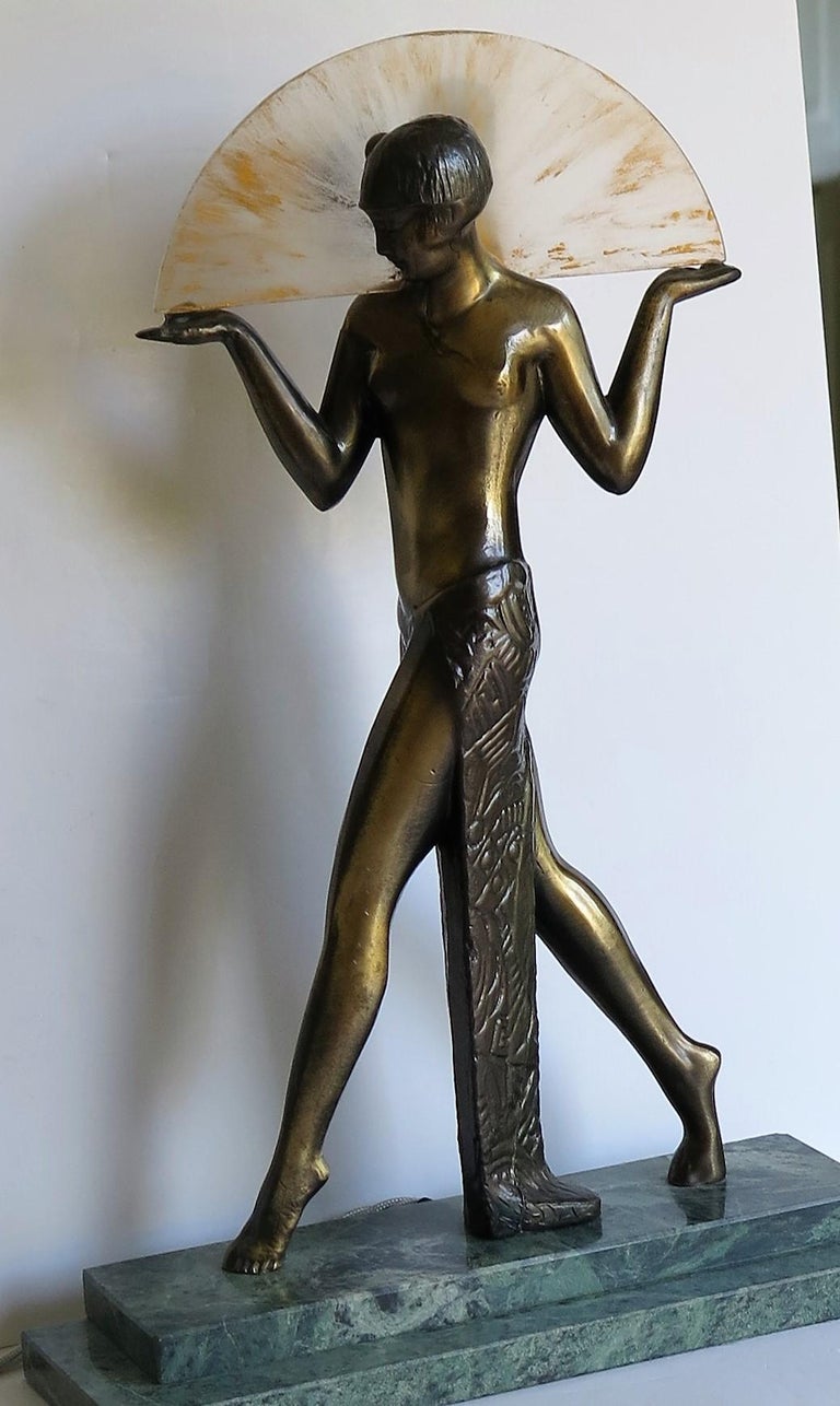 Cast Art Deco Style Fan Dancer Figurine Lamp after Max Le Verrier, Mid-20th Century For Sale