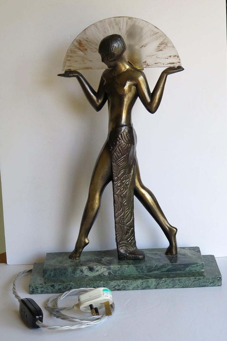 Metal Art Deco Style Fan Dancer Figurine Lamp after Max Le Verrier, Mid-20th Century For Sale