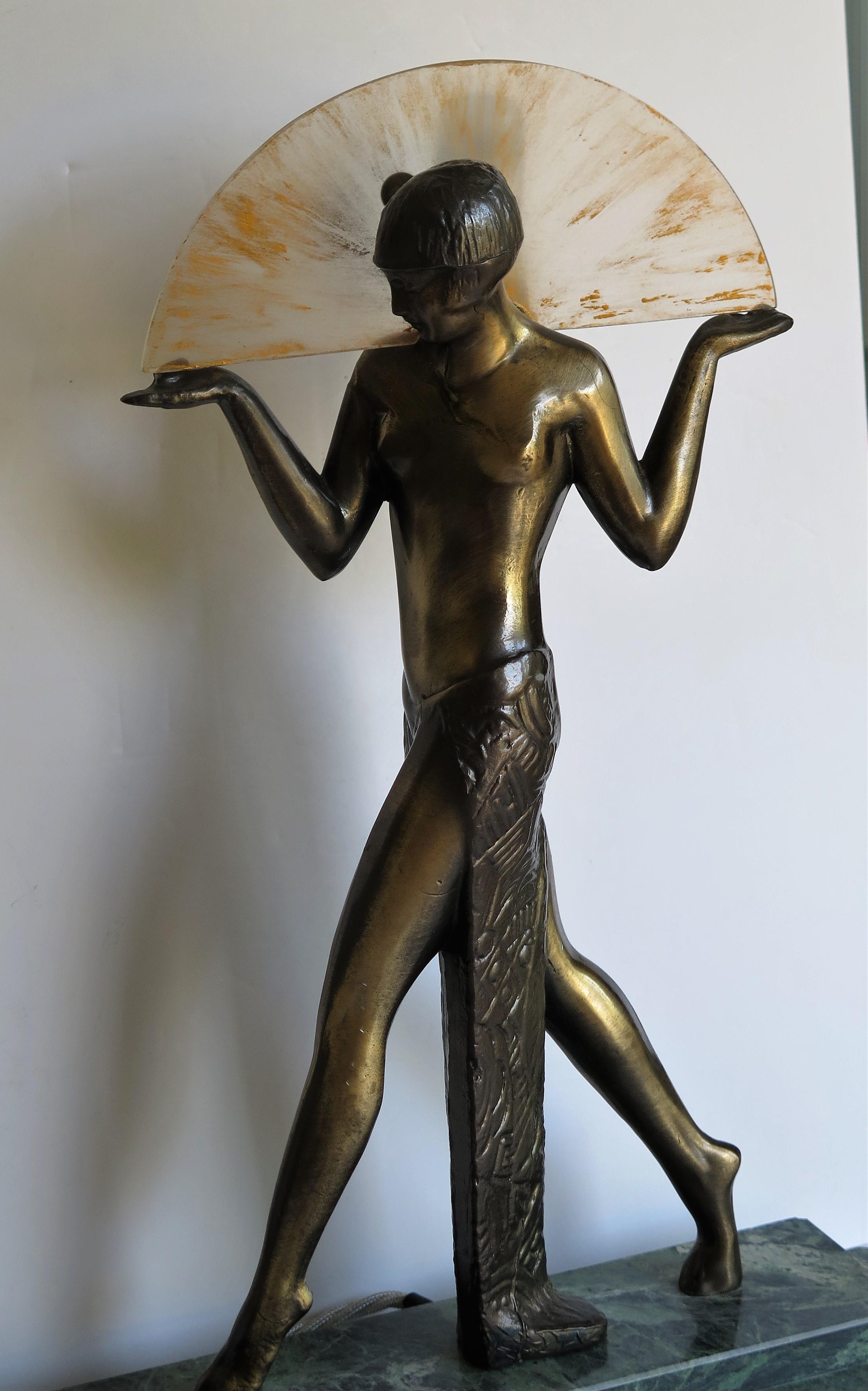 Cast Art Deco Style Fan Dancer Figurine Lamp after Max Le Verrier, Mid-20th Century