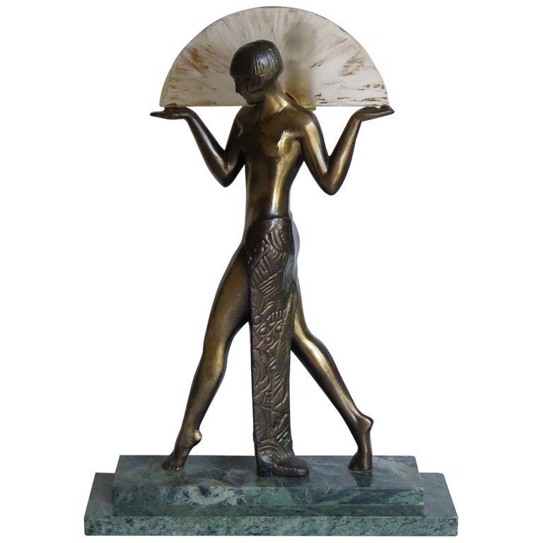 Art Deco Style Fan Dancer Figurine Lamp after Max Le Verrier, Mid-20th Century For Sale