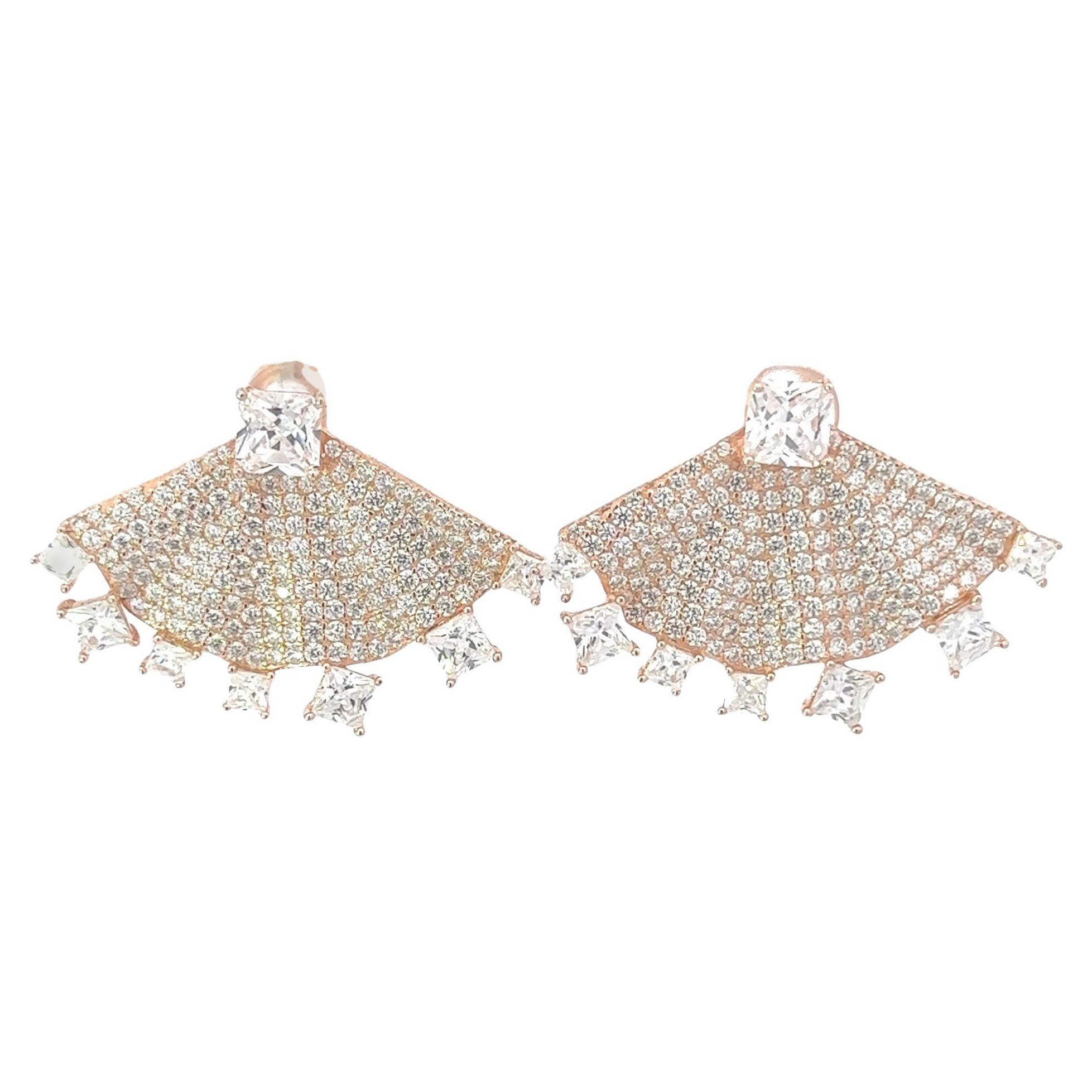 Art-Déco-Ohrringe in Fächerform aus 18 Karat vergoldetem Silber mit Strasssteinen für Mom Gift im Angebot