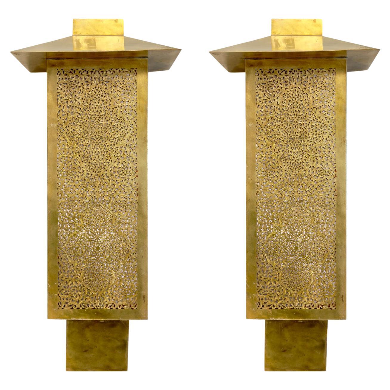 Art Deco Style Filigree Brass Wall Sconces or Lanterns, a Pair For Sale