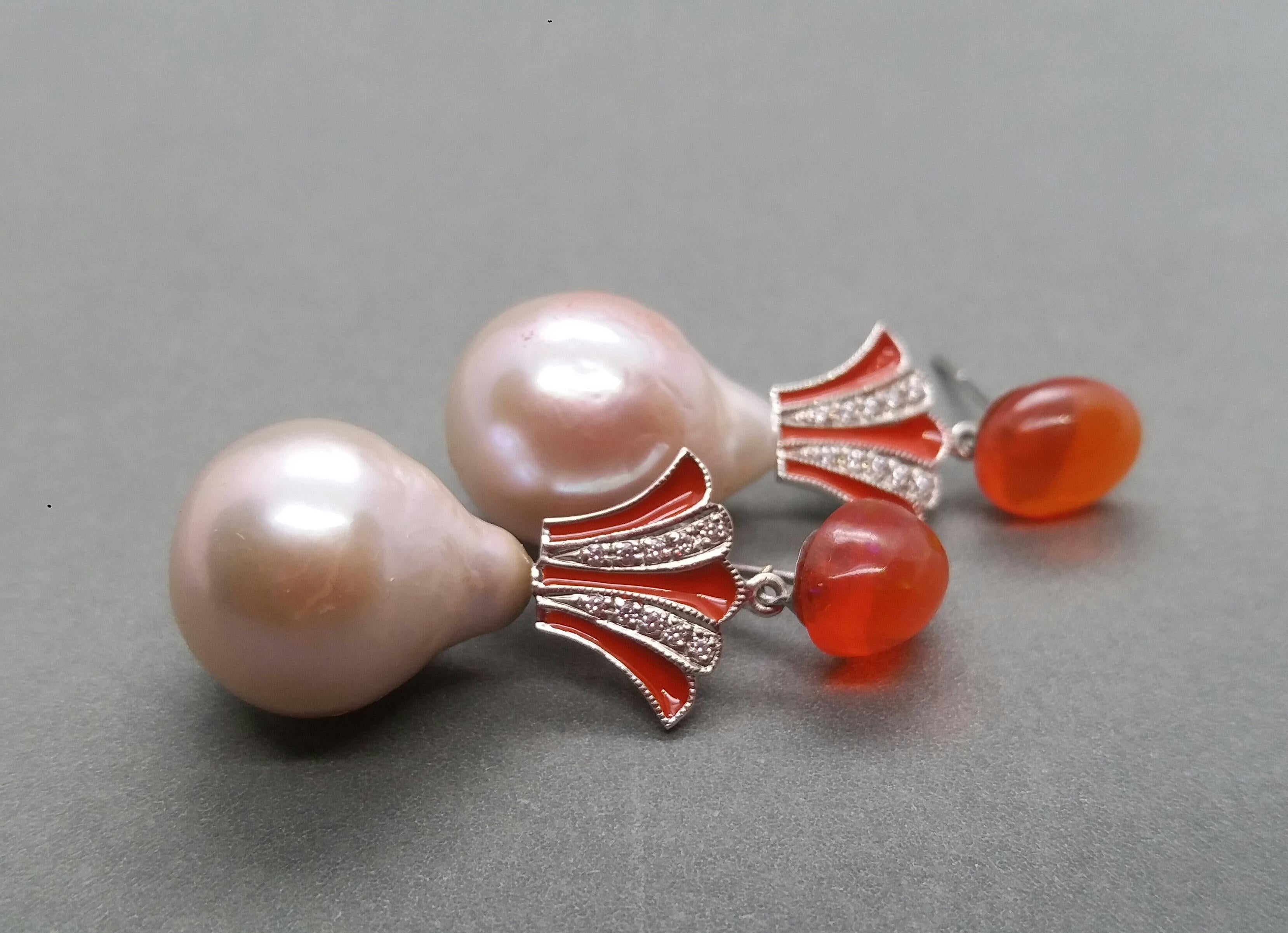 Art Deco Style Fire Opal Baroque Cream Pearl Gold Diamonds Enamel Drop Earrings For Sale 5