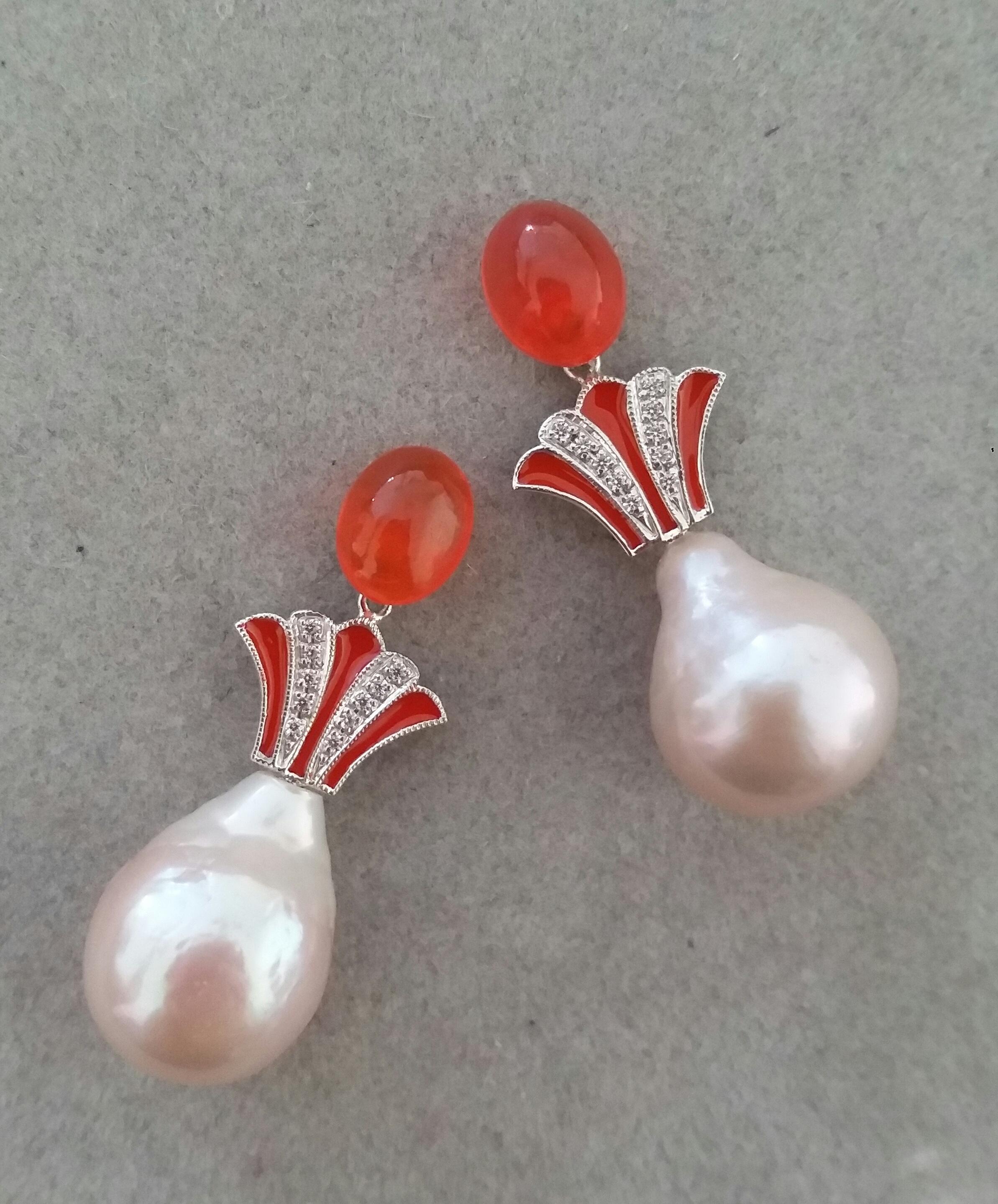 Mixed Cut Art Deco Style Fire Opal Baroque Cream Pearl Gold Diamonds Enamel Drop Earrings For Sale
