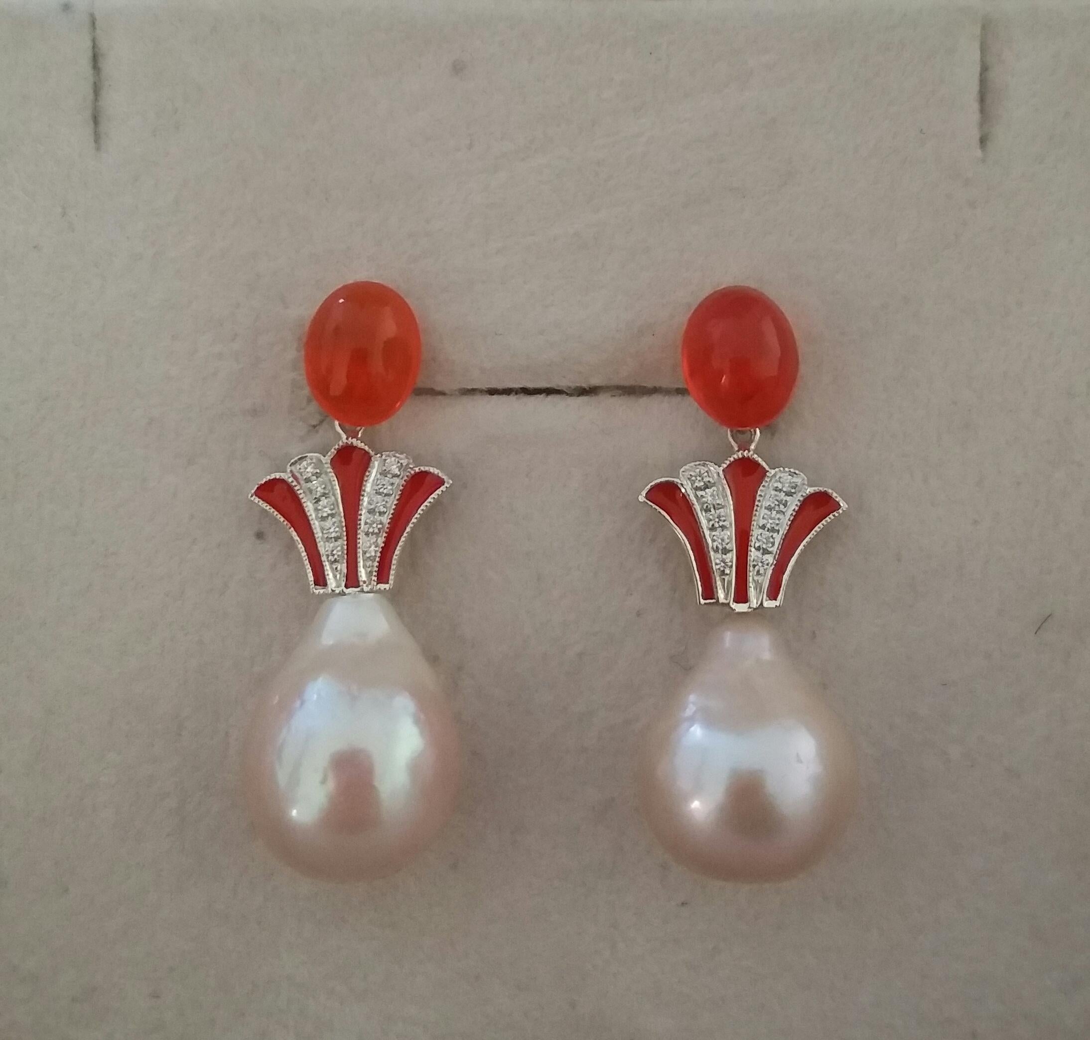 Art Deco Style Fire Opal Baroque Cream Pearl Gold Diamonds Enamel Drop Earrings In Good Condition For Sale In Bangkok, TH