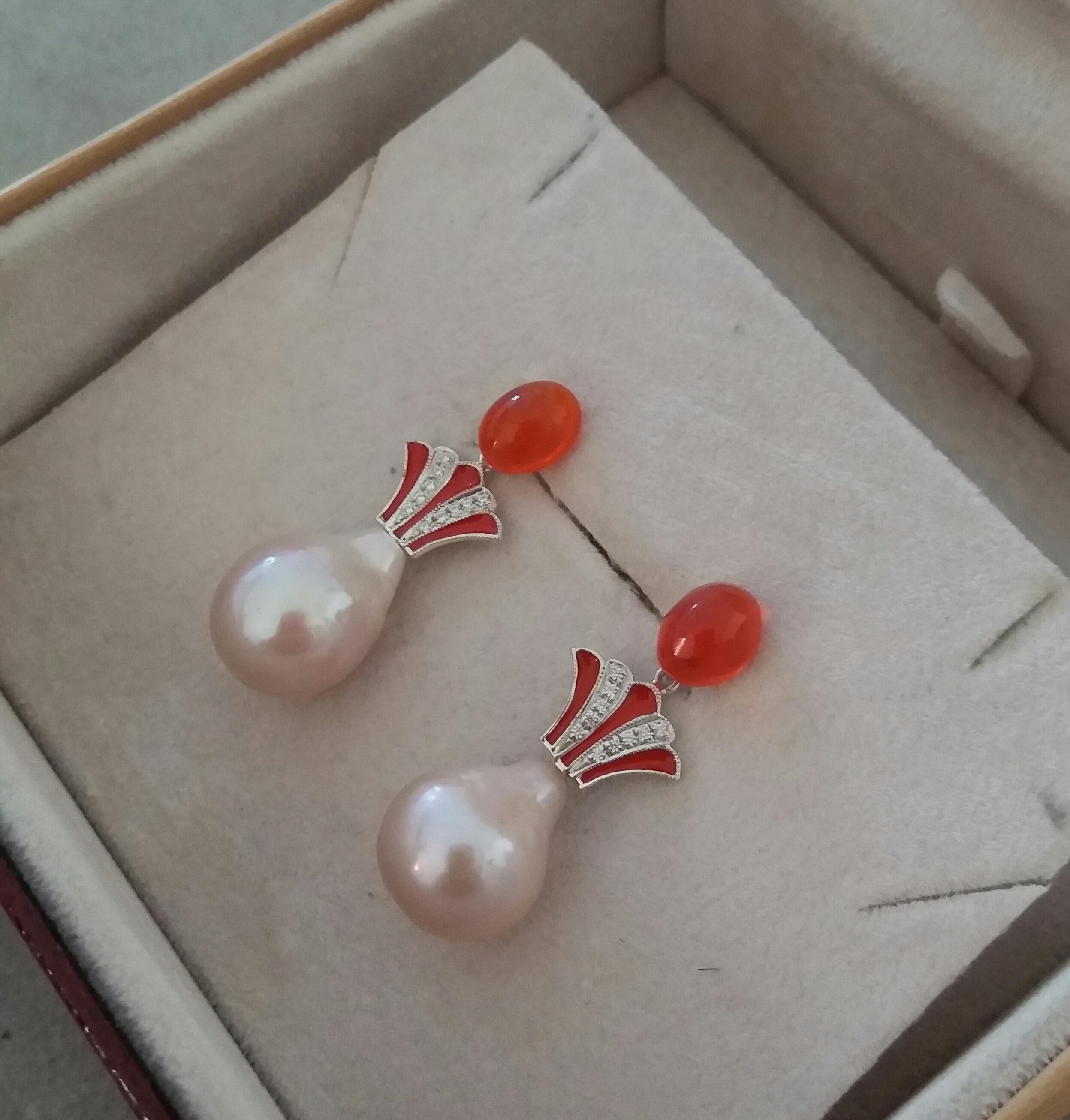 Art Deco Style Fire Opal Baroque Cream Pearl Gold Diamonds Enamel Drop Earrings For Sale 1