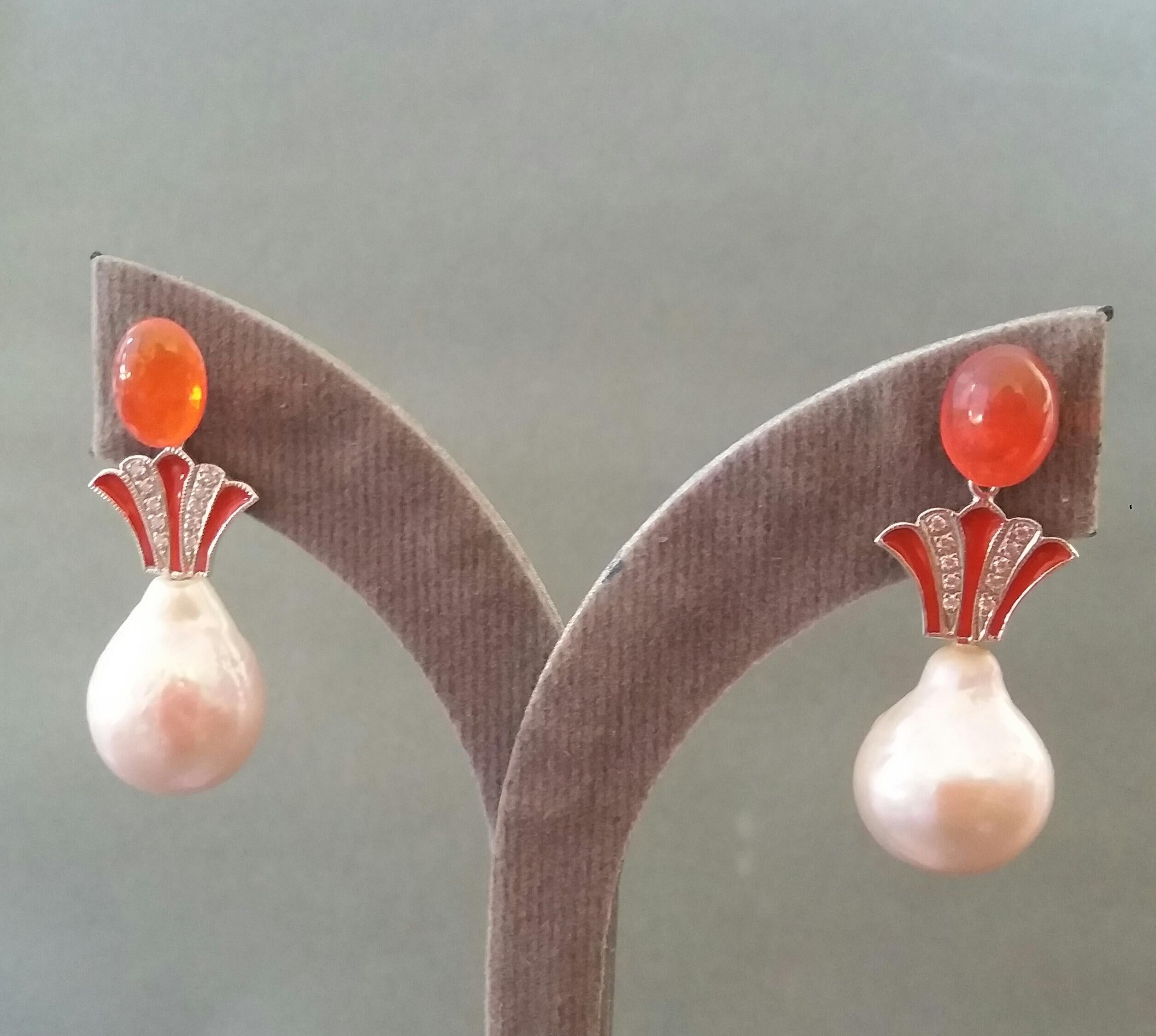 Art Deco Style Fire Opal Baroque Cream Pearl Gold Diamonds Enamel Drop Earrings For Sale 1