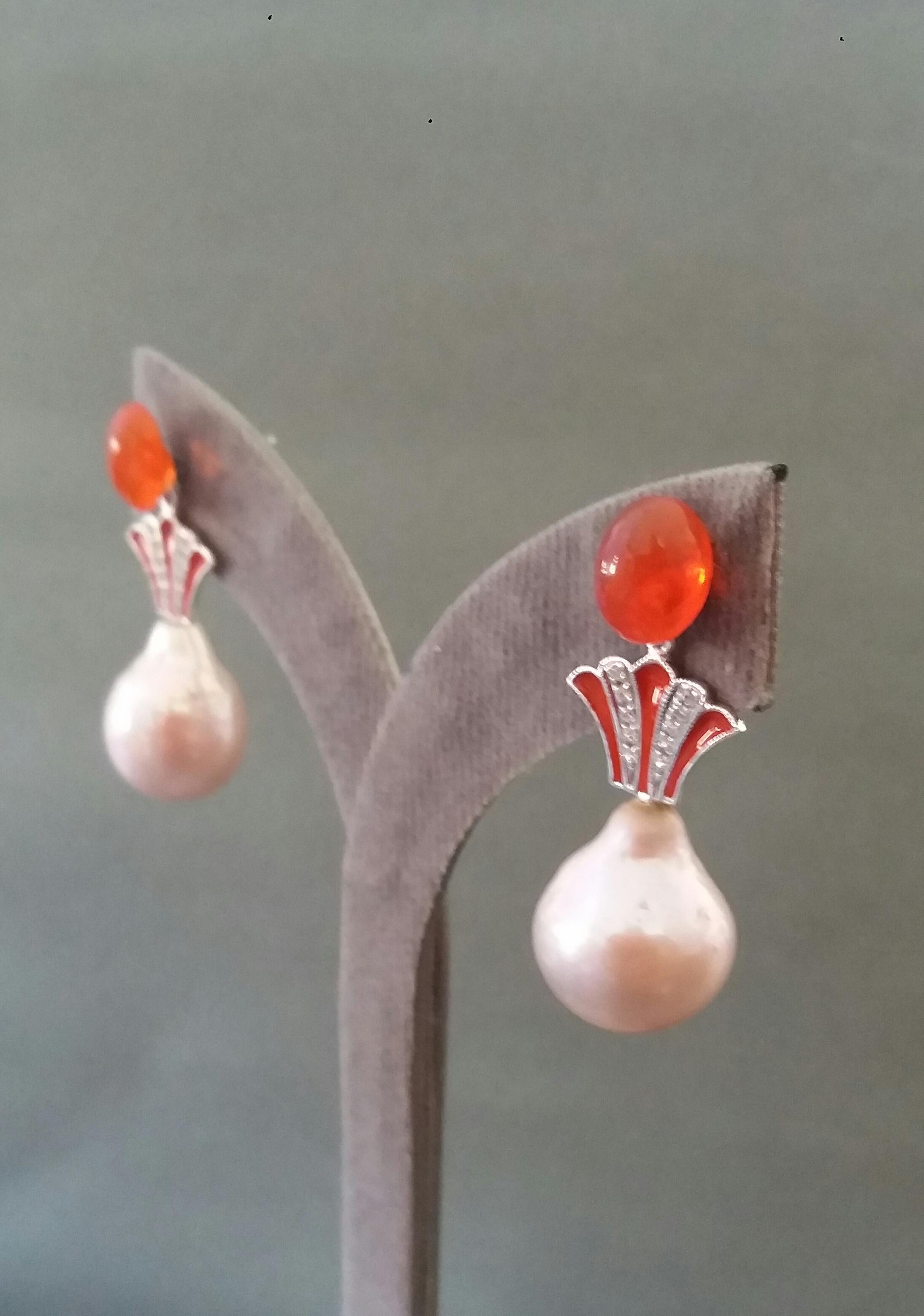 Art Deco Style Fire Opal Baroque Cream Pearl Gold Diamonds Enamel Drop Earrings For Sale 3