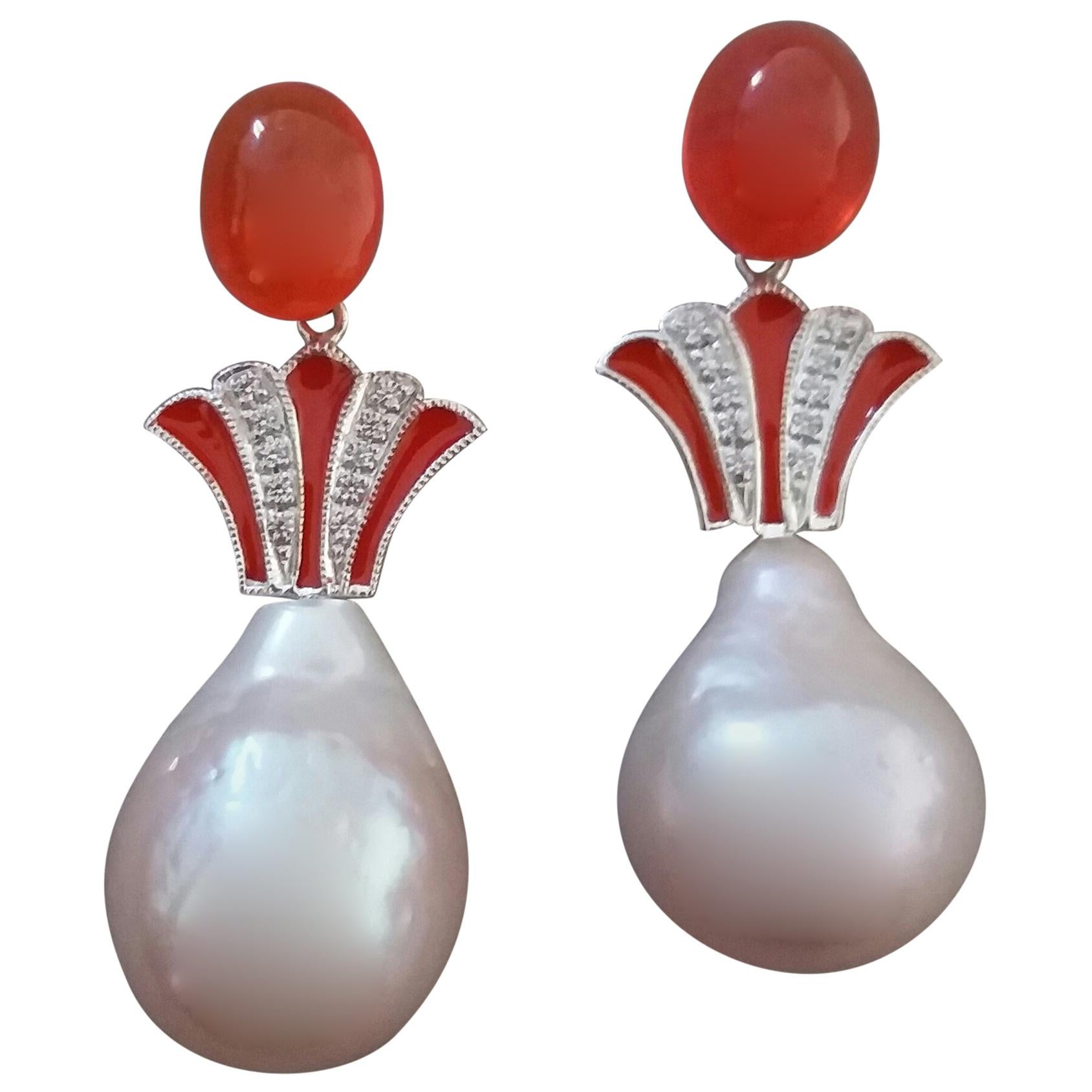 Art Deco Style Fire Opal Baroque Cream Pearl Gold Diamonds Enamel Drop Earrings For Sale