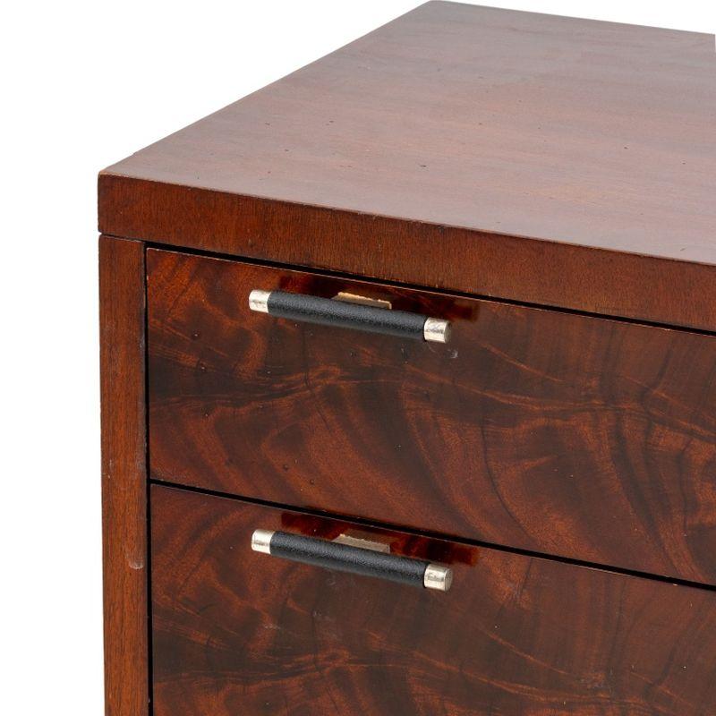 Art Deco Style Flame Mahogany Chest of Drawers, with three drawers with six silver-tone and ebonized draw pulls, with 