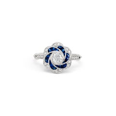 Art Deco Style Floral 0.25 Ct Diamond Sapphire 1.1 Tcw Platinum Engagement Ring