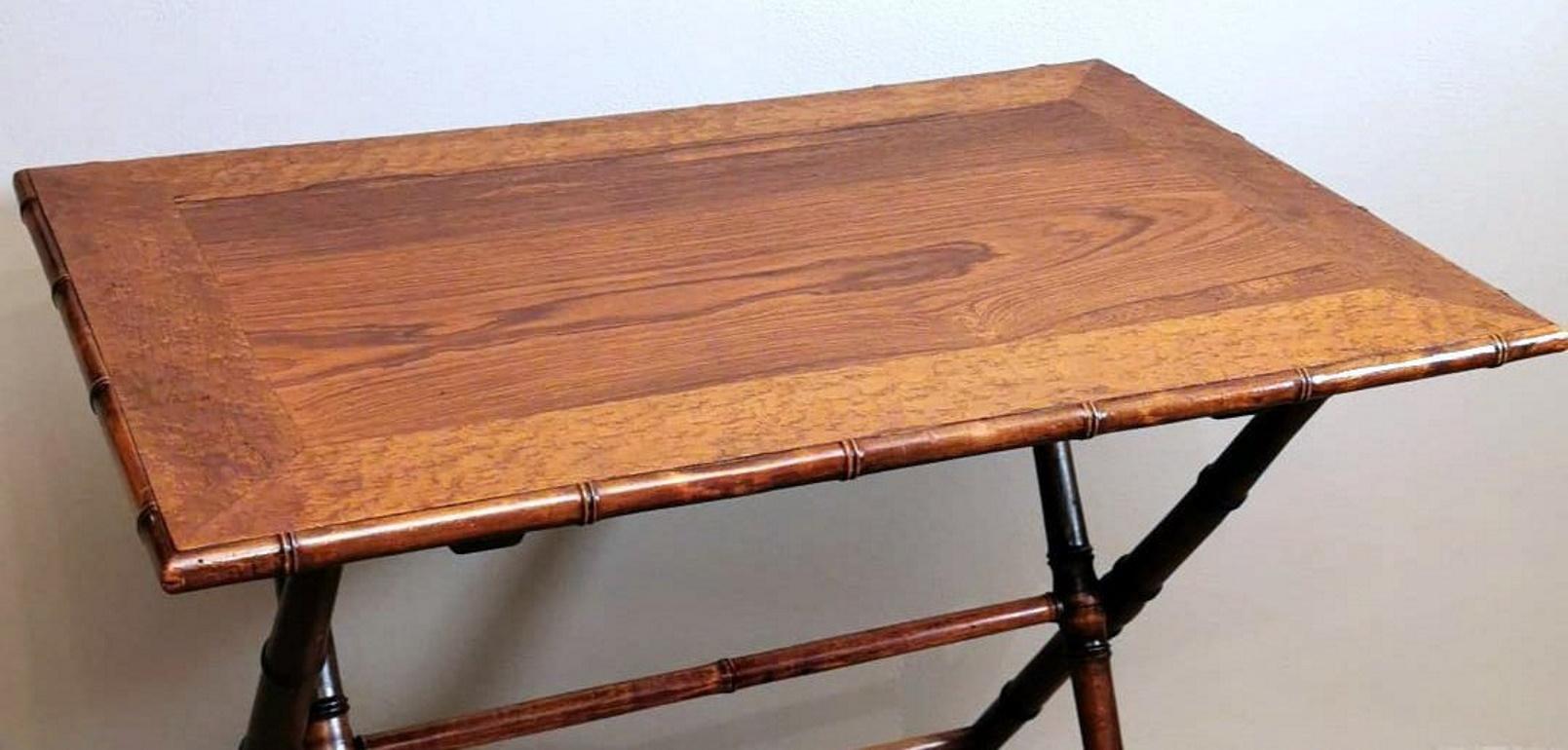 Polished Art Deco Style Folding French Table in Walnut, Walnut Briar and Faux Bamboo