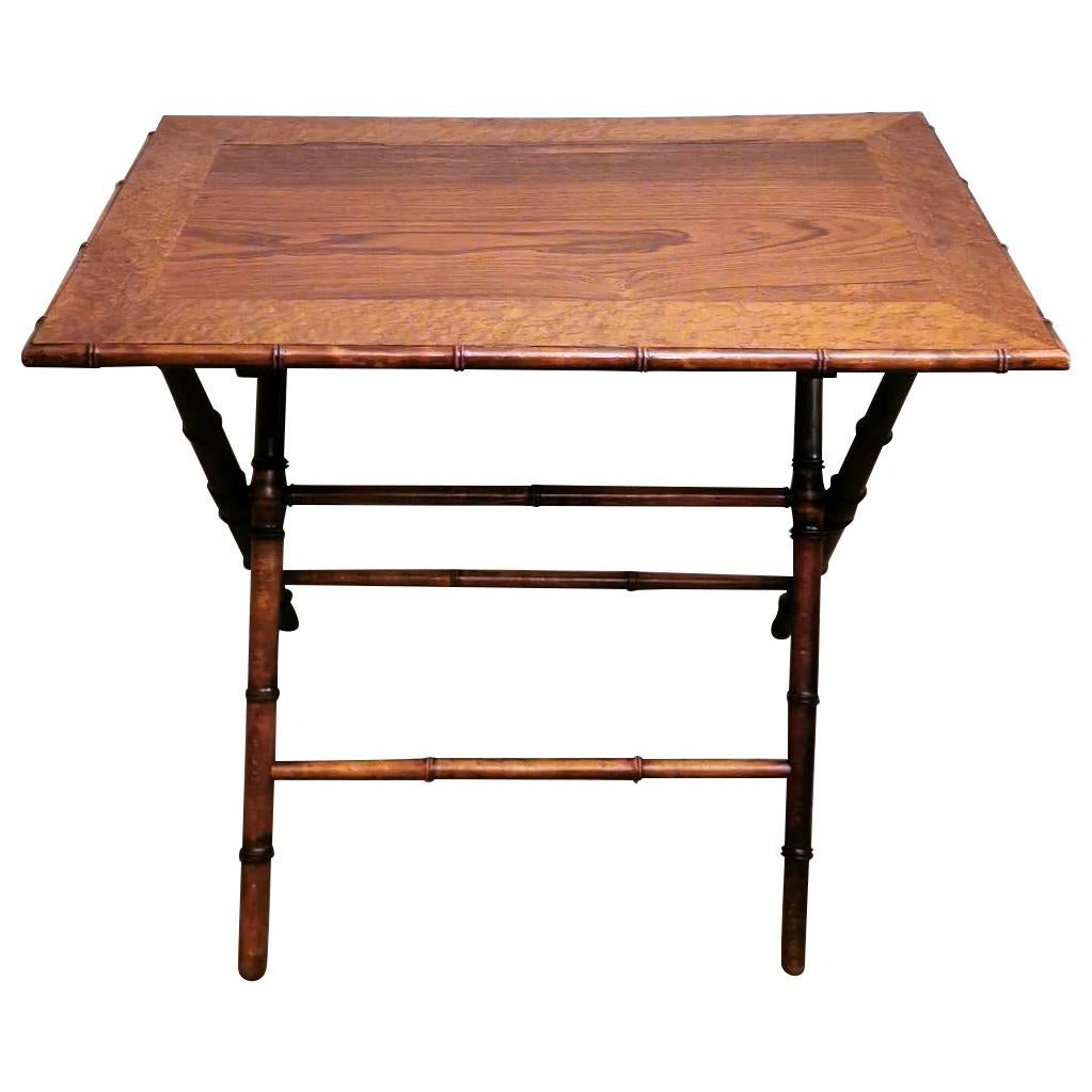 Art Deco Style Folding French Table in Walnut, Walnut Briar and Faux Bamboo