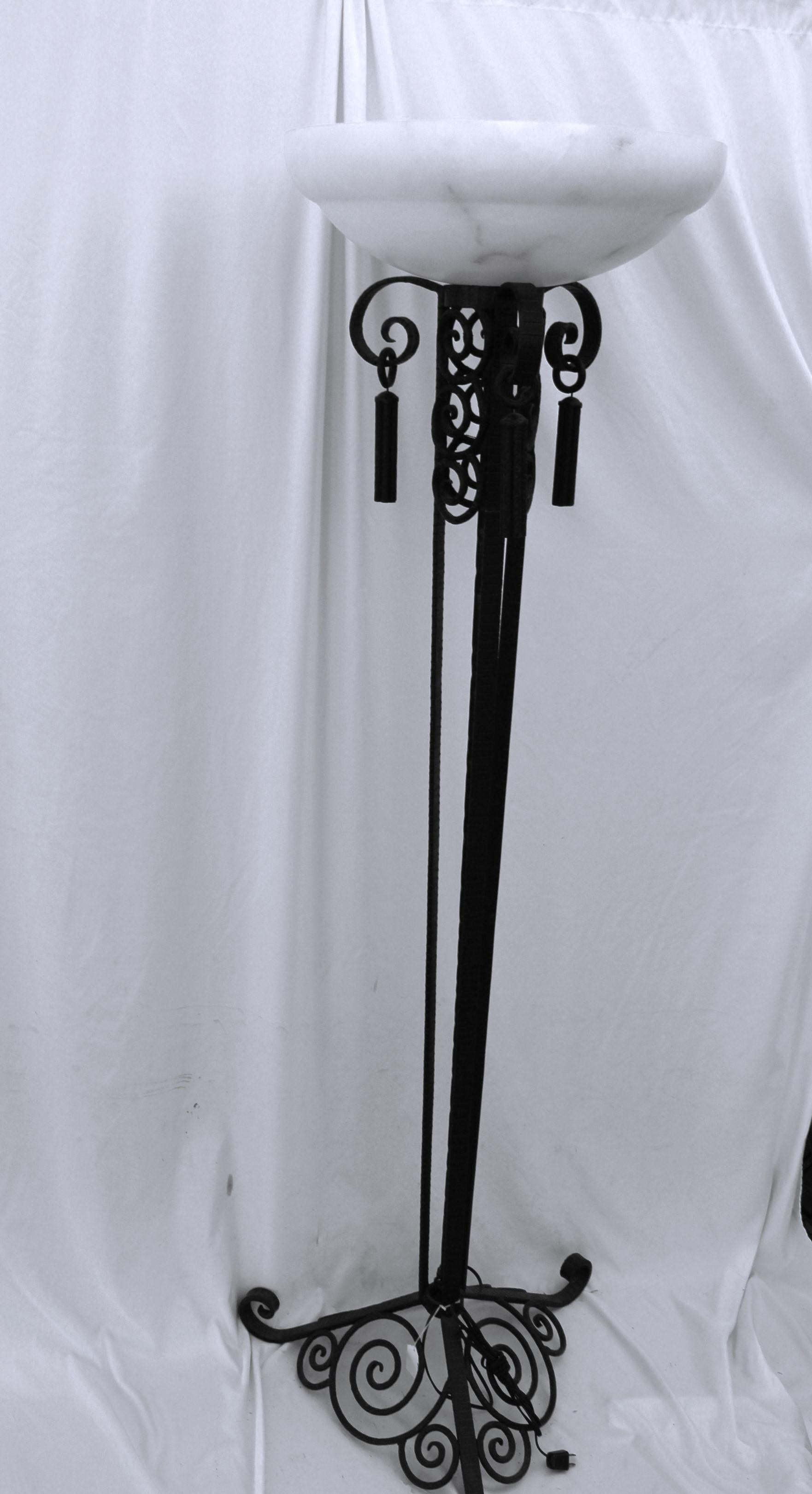 Art Deco Style Forged Iron and Alabaster Shade Floor Lamp For Sale 1