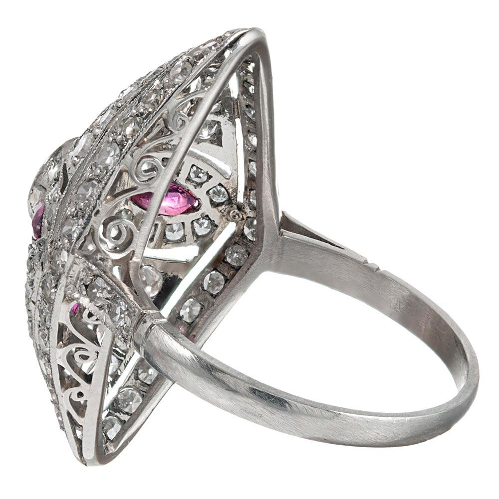 Art Deco Style “Four-Leaf Clover” Diamond and Ruby Plaque Ring In Good Condition In Carmel-by-the-Sea, CA