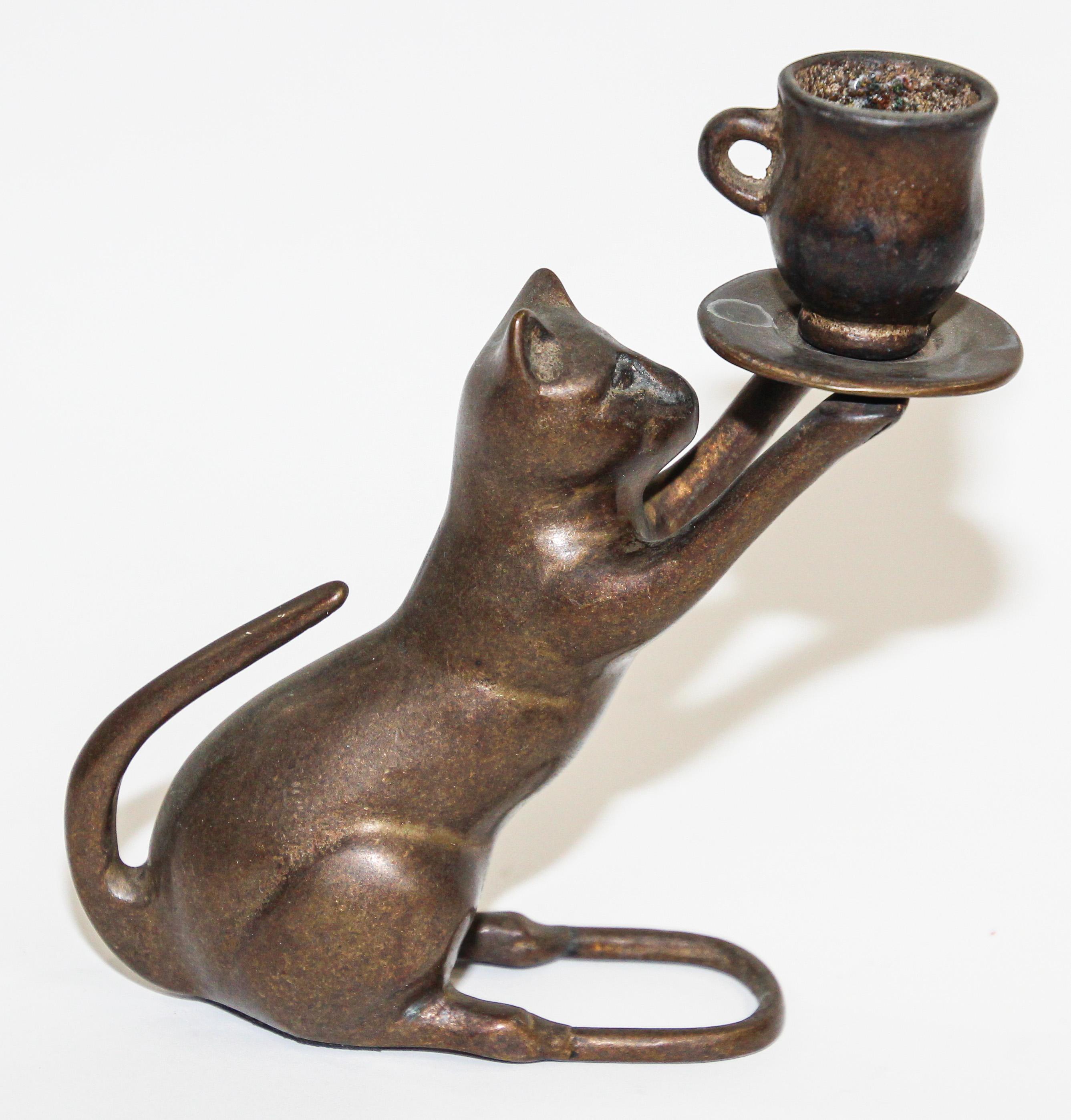 Hand-Crafted Art Deco Style French Bronze Candle Holder in a Form of a Cat