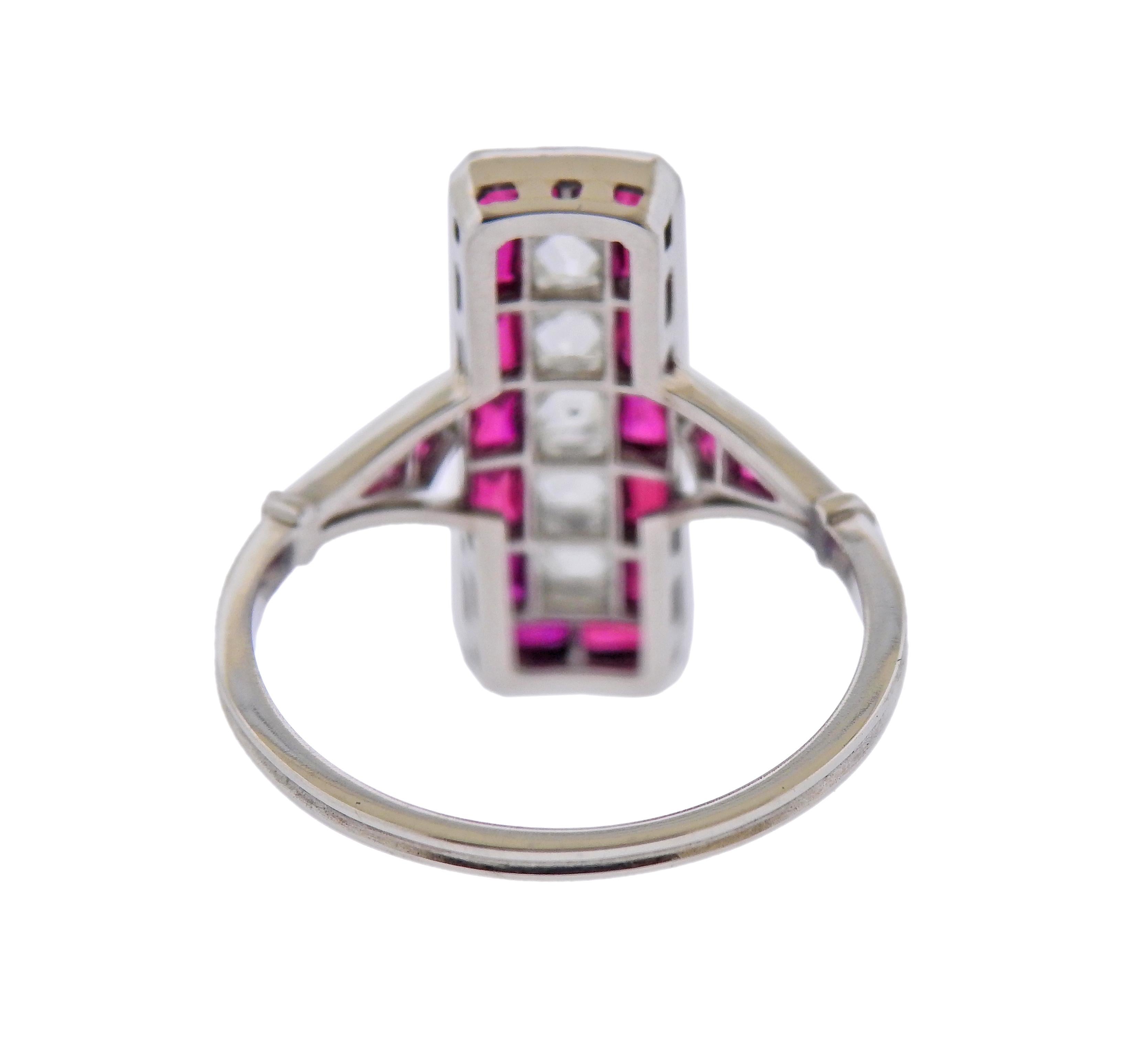 Art Deco Style French Cut Ruby Platinum Ring In Excellent Condition For Sale In New York, NY